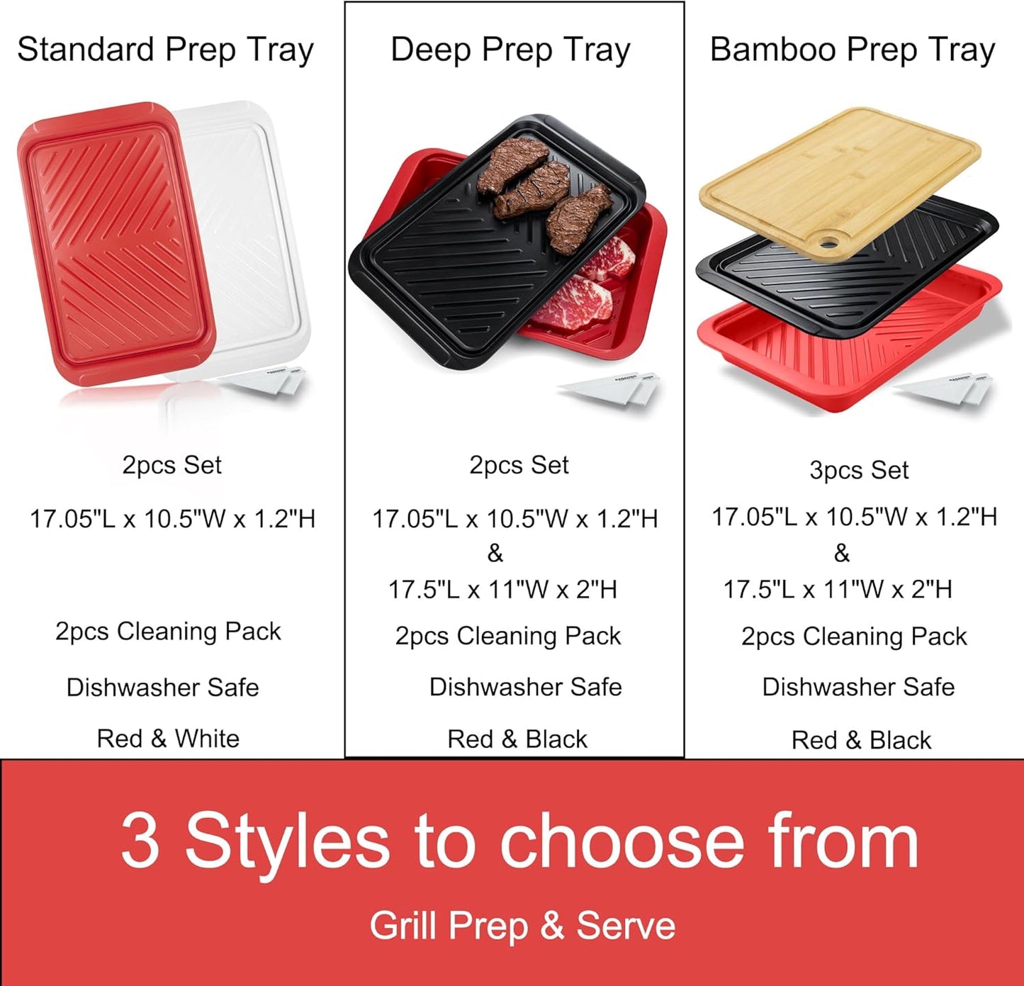KAQAHIDO Grilling Deep Prep and Serve Trays, BBQ Platter for Raw Meat Marinating and Finished Cooked Food, Melamine Serving Tray, Set of 2, Cleaning Pack Included