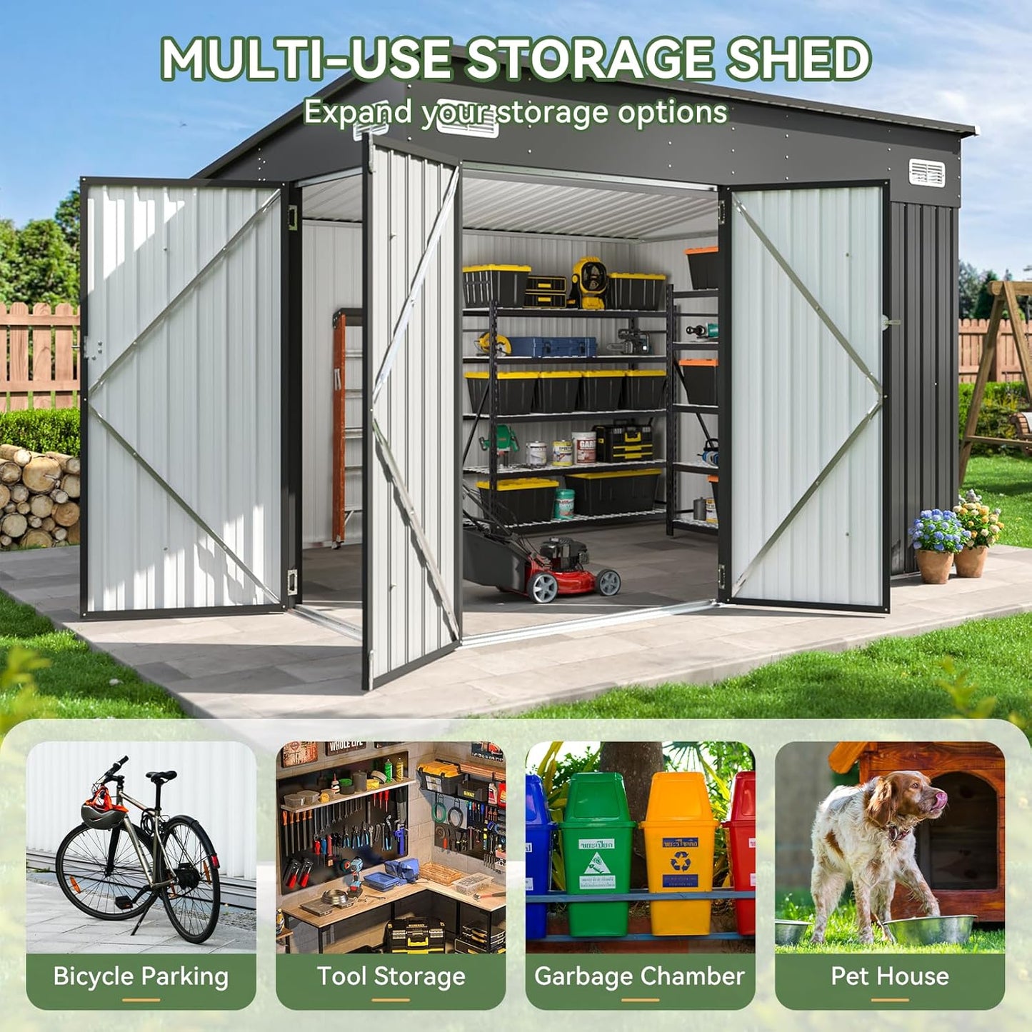 Aoxun 9.4'x7.3' Triple Door Shed Outdoor Storage Shed with Three Lockable Door for Easily Accessing Metal Storage Cabinet with Slopping Roof for Tools Bicycles Storage for Garden, Backyards (Black)