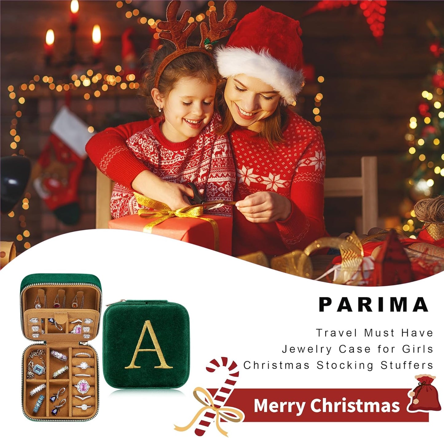 Parima Stocking Stuffers for Women - Christmas Gifts for Her, Gifts for Women, Plush Velvet Travel Jewelry Case, Small Jewelry Box, Birthday Gift for Woman Her, Personalized Gift - Letter A, Green