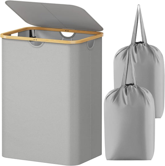 Lifewit 150L Laundry Basket with Lid, Clothes Hampers for Laundry with Bamboo Handles and 2 Removable Laundry Bags, Large Foldable Laundry Hamper for Bedroom, Bathroom, Dorm, Laundry Room, Sliver Gray