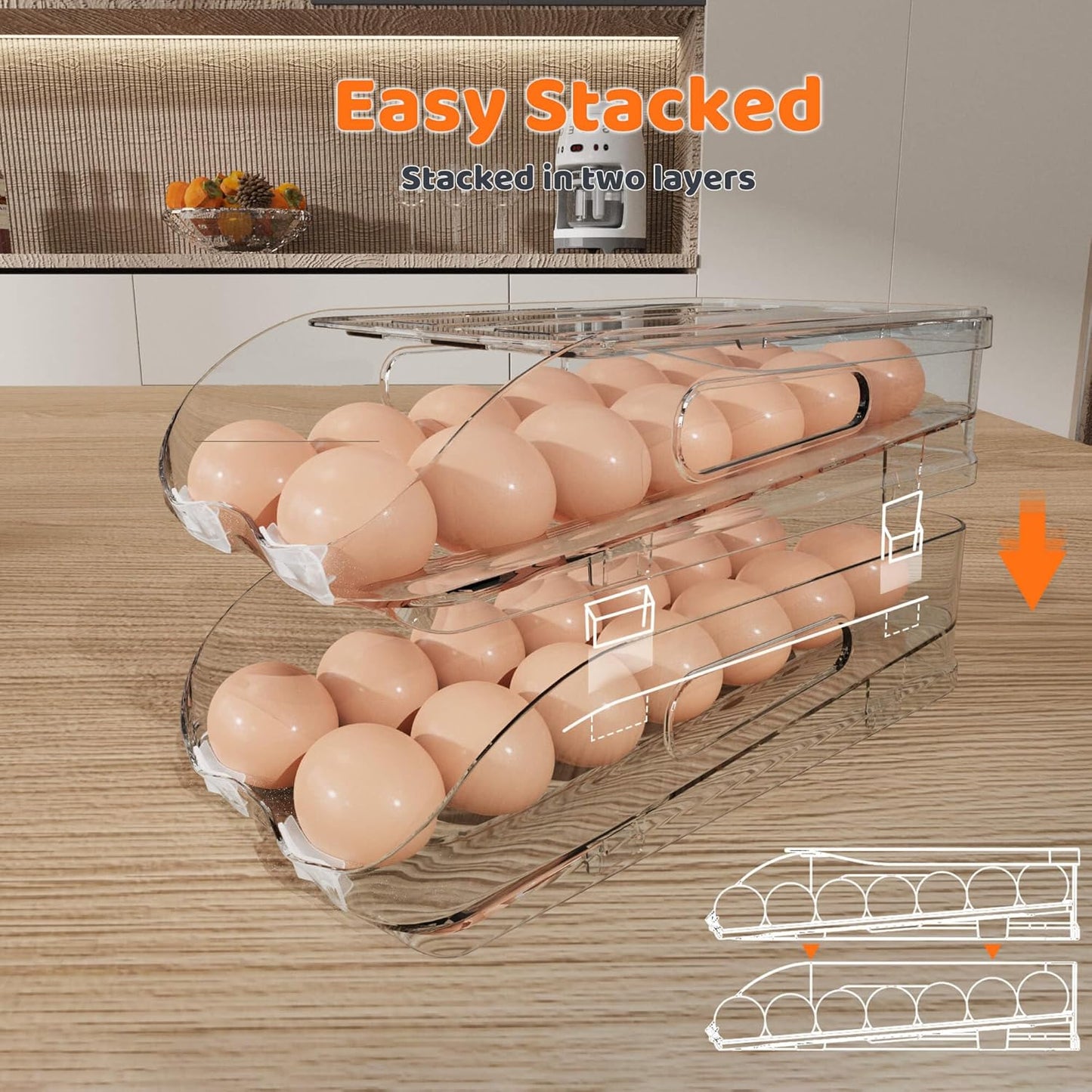 Egg Holder for Fridge, Automatic Steady Rolling Egg Dispenser with Silicone Bumpers & Handle for Refrigerator, Large Capacity Egg Organizer with Lid (2 Tier Holder 24 Eggs (M SIZE))