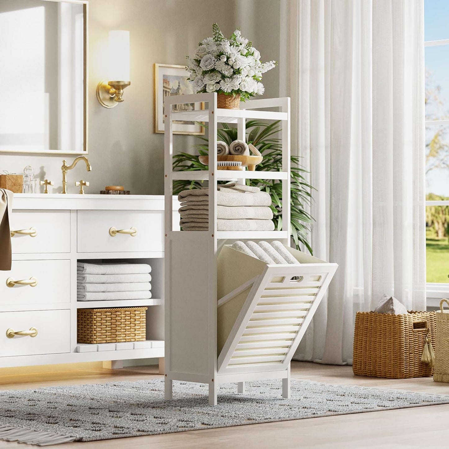HITNET Bamboo Tilt Out Hamper, Bathroom Laundry Cabinet with Hidden Foldable Basket, Freestanding Clothes Storage Organizer with Storage Shelf, White