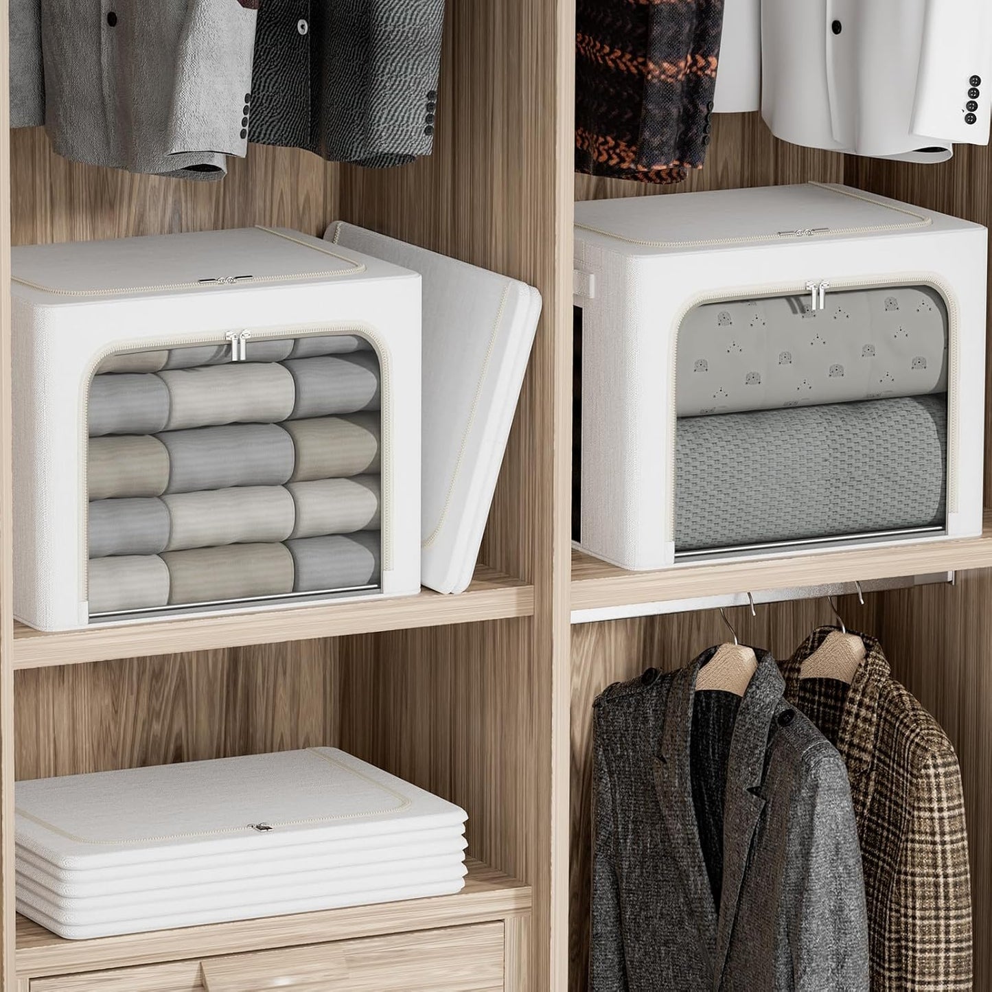 FHSQX 2 Pack Clear Window Storage Bins Large Stackable Linen Fabric Storage for Clothes Foldable Container Organizer Set with Carrying Handles (Lvory White, 19.7x 15.7x 12.6 Inch)