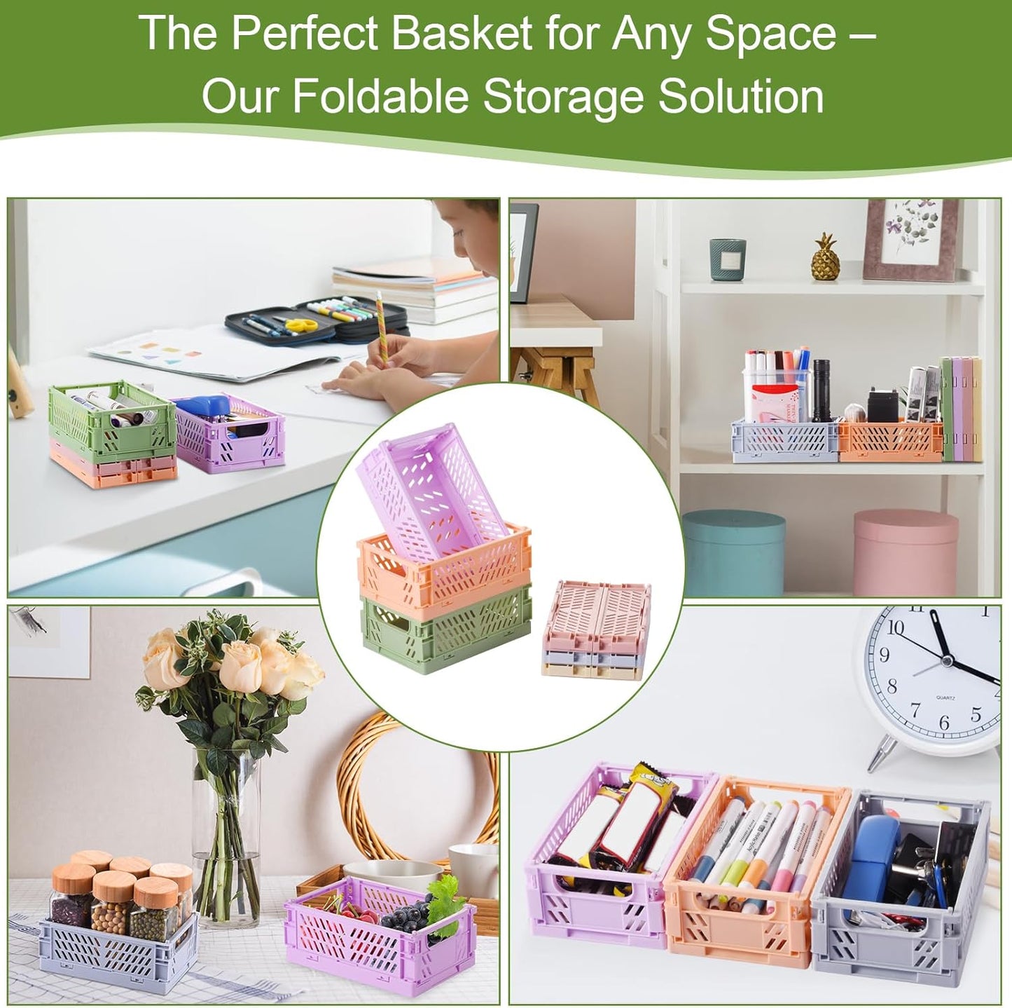 6-Pack Small Pastel Plastic Storage Baskets, Collapsible Crates for Organizing, Space-Saving Mini Bins for Classroom, Kitchen, Office, Bedroom (5.9" x 3.8" x 2.2")