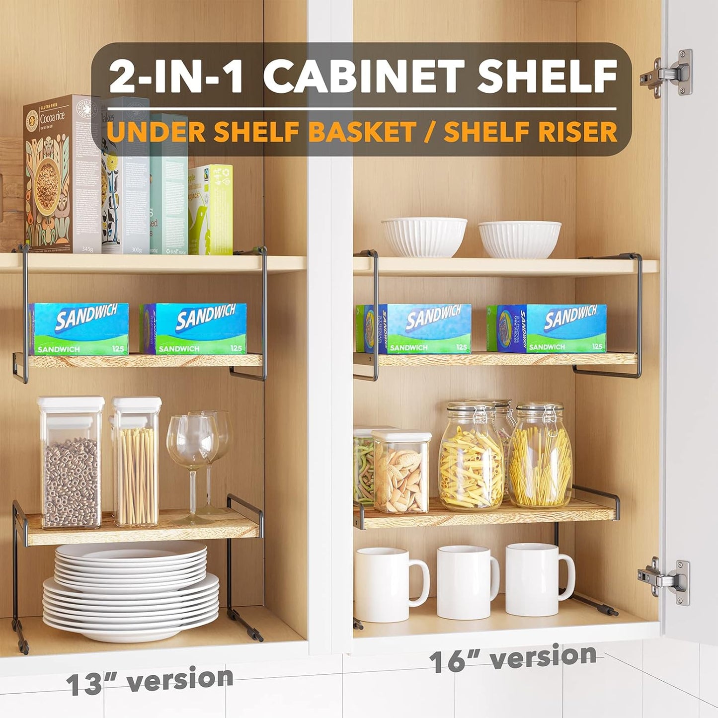 SpaceAid Cabinet Shelf Organizers 2 Pack, Kitchen Counter Organizer Rack Under Shelves Riser, Pantry Cupboard Storage Organization, Metal and Wood, Black and Natural, 13" Wide