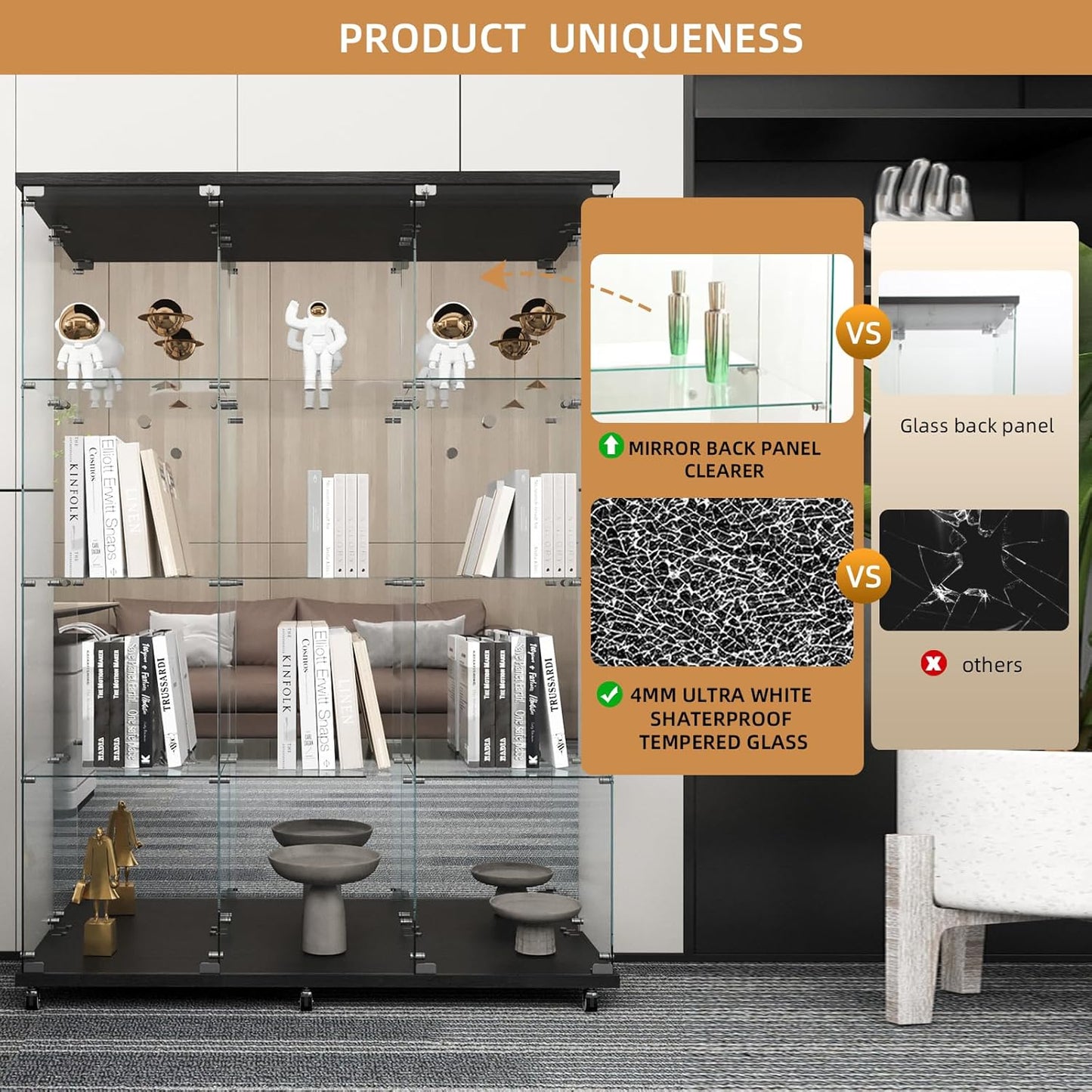 Beauty4U Glass Display Cabinet with Mirror Back Panel, 12 Shelves with 3 Columns, 2 Doors Curio Cabinets for Living Room, Bedroom, Office, Black Floor Standing Glass Bookshelf, Quick Installation