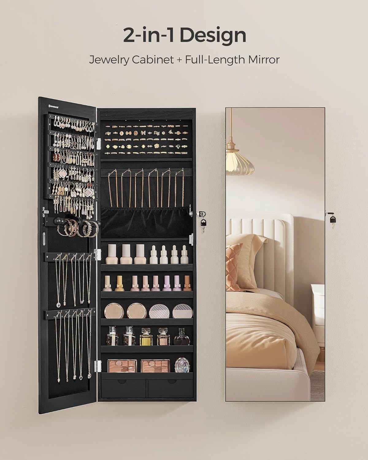 SONGMICS Hanging Jewelry Cabinet, Wall-Mounted Cabinet with LED Interior Lights, Door-Mounted Jewelry Organizer, Full-Length Mirror, Christmas Gift Idea, Ink Black UJJC099B01