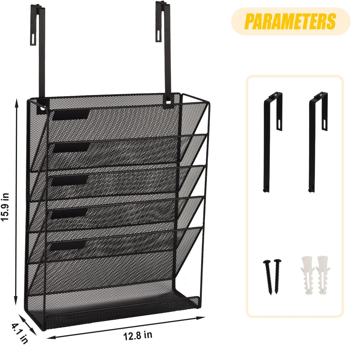 EASEPRES Desk File Organizer Mesh 6-Tier with Hangers, Hanging Wall Mount Document Organization Stand, Desktop Vertical Mail Paper Folder Holder with Bottom Tray for Office Home Cubicle, Black