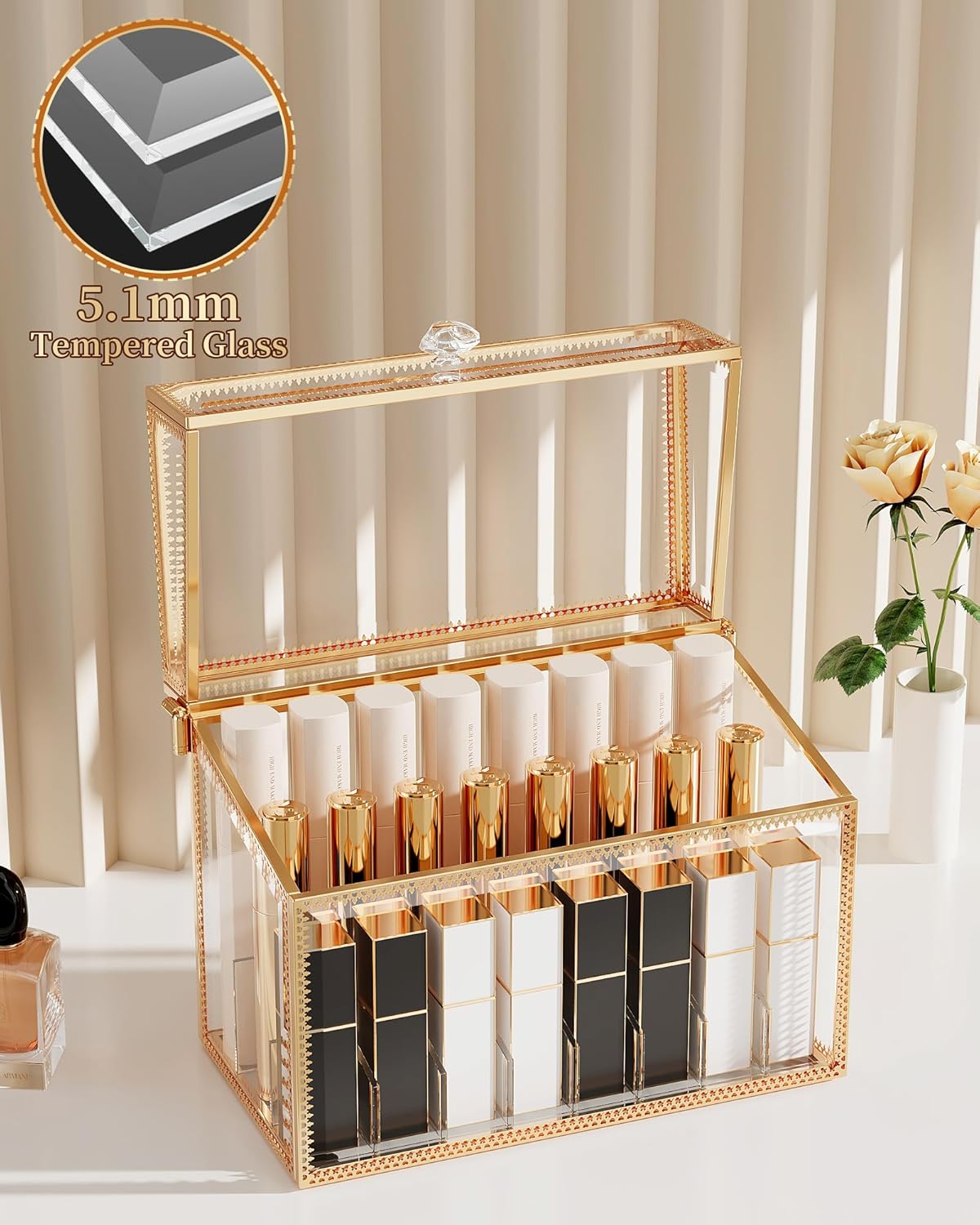 Lipstick Organizer Holder - 24 Spaces, Tempered Glass Lip Gloss and Perfume Organizer,Vanity Lipstick Holder and Organizer.