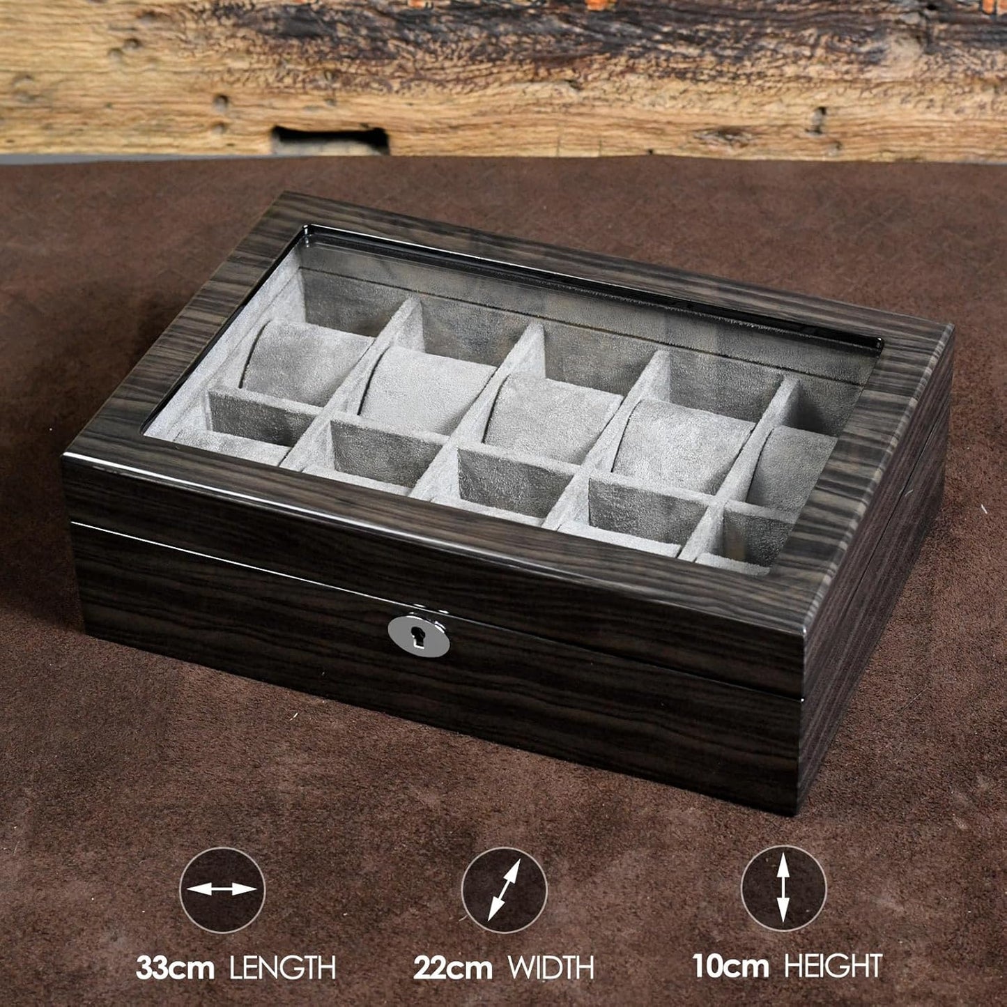 Watch Box for Men 10 Watches Storage box&Organizer Smart Watch Display Case - Ebony Wood with Soft Velvet Interior-Large Glass Window-Gift for Women and Man (10W-GYG)