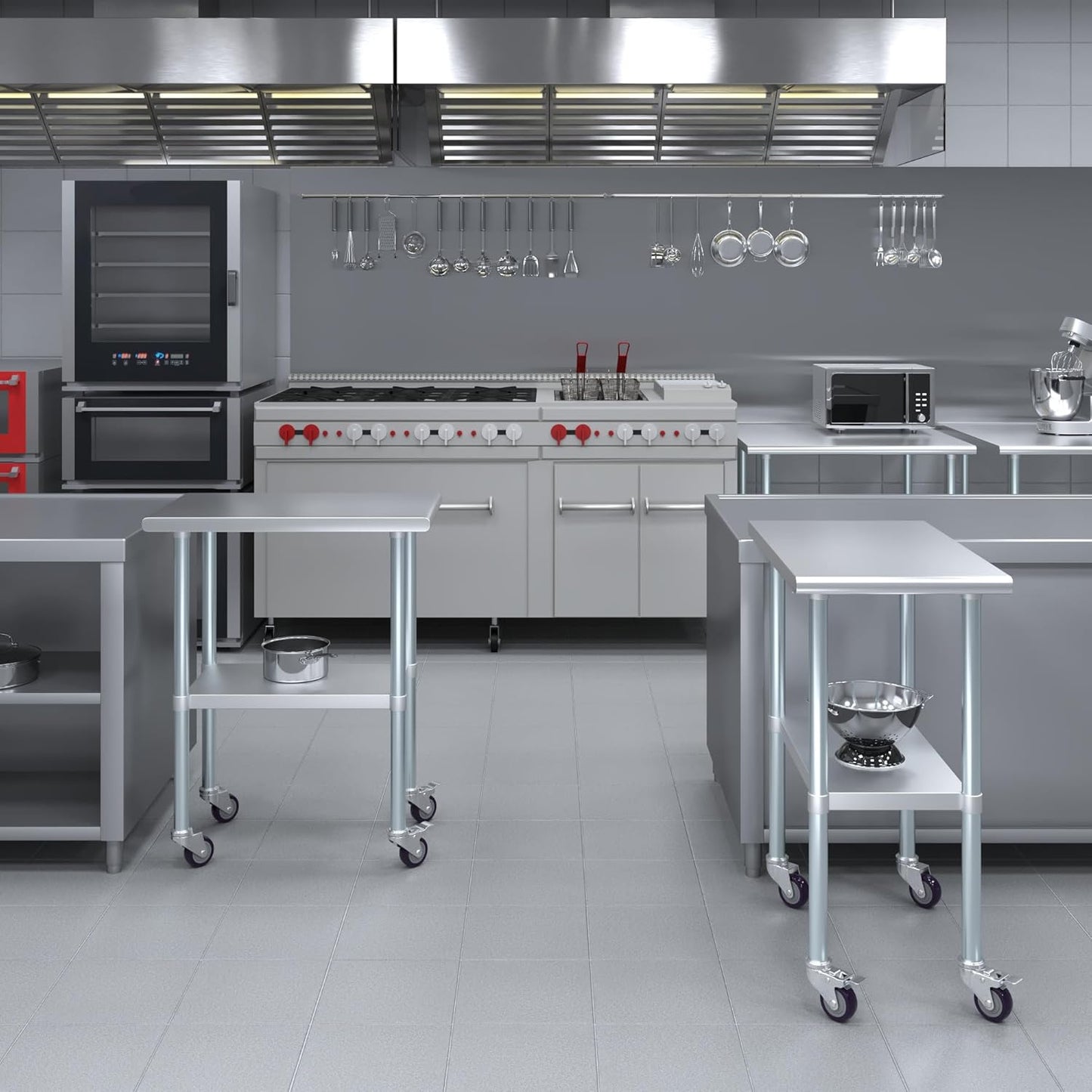 AmGood 30" x 18" Stainless Steel Work Table with Casters | Heavy Duty Metal Utility Table On Wheels | Kitchen Island Cart