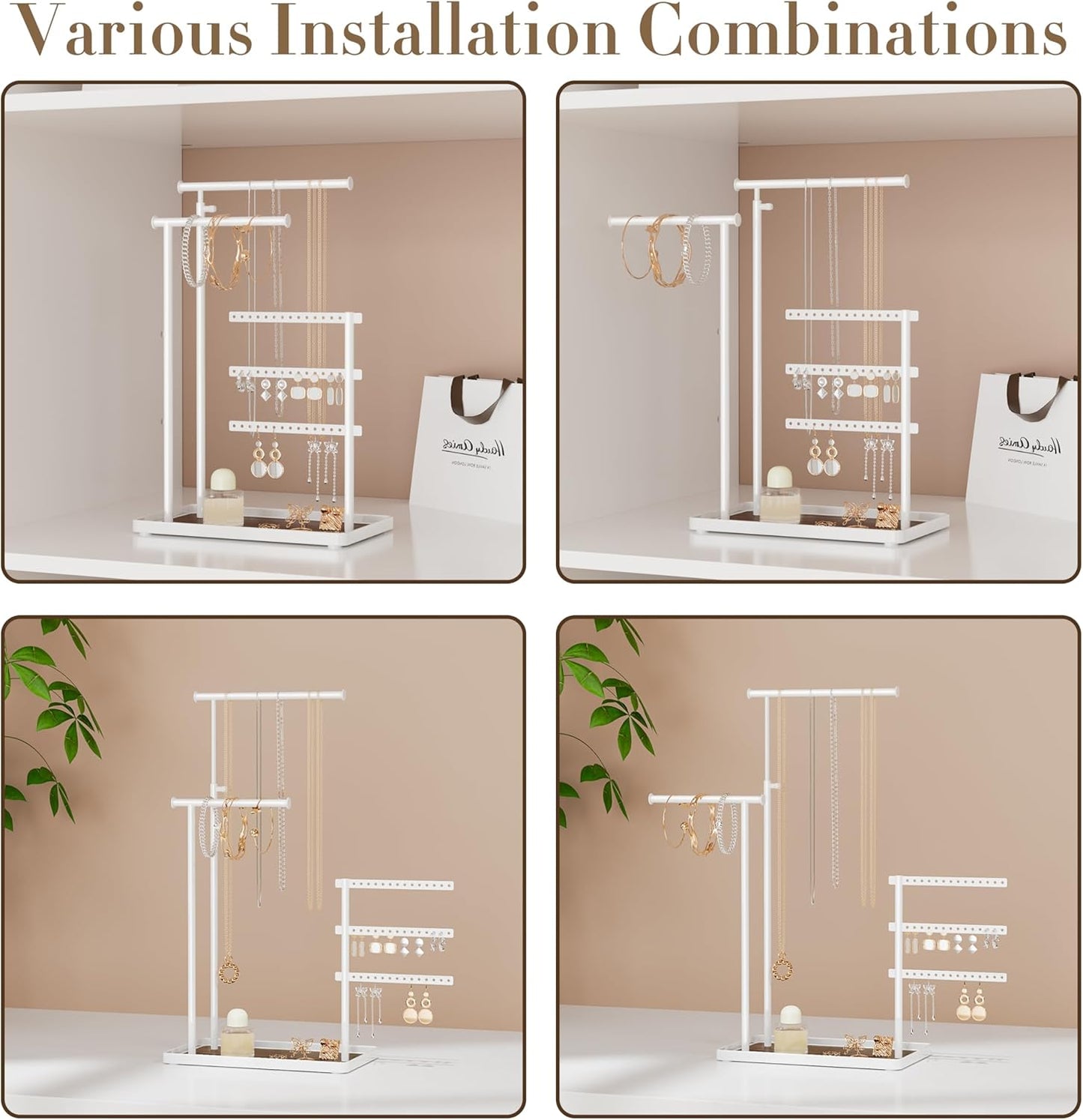 Jewelry Holder Organizer Stand - Adjustable Tall 17.5" (Max), Sturdy Jewelry Hanger for Necklaces, Earrings, Bracelets, Rings, Jewlery Display and Storage, White, Metal