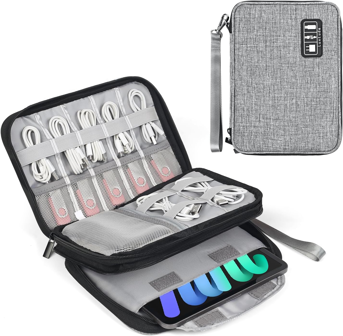 Luxtude Double Layer Cord Organizer Bag, Portable Cable Storage Case, Flat Electronic Organizer Travel Case, Portable Tech Bag for Cable/Cord Storage/iPad (up to 7.9")/Wall Charger/Electronics