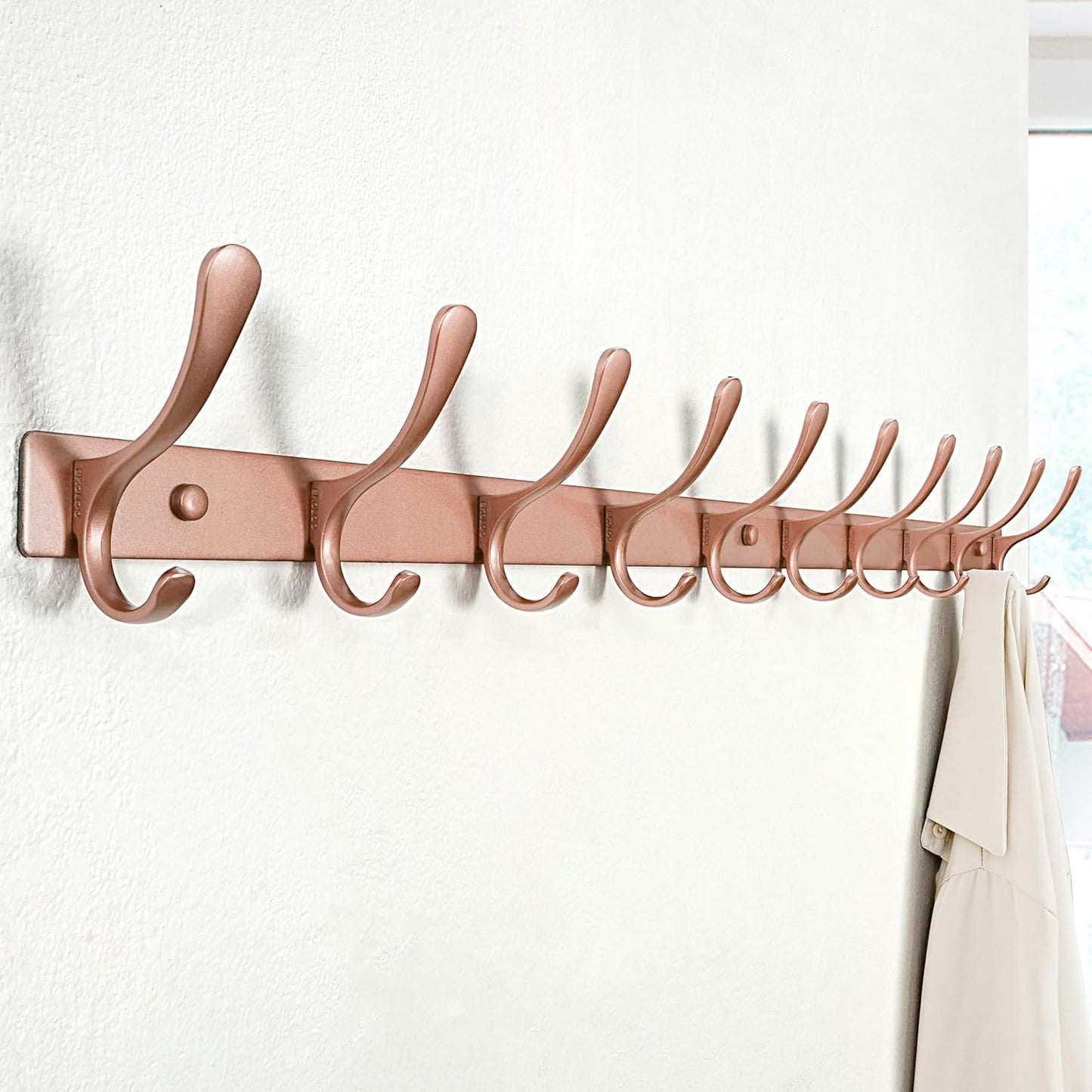 SKOLOO Wall Mounted Coat Rack - 10 Hooks, Pack of 2, Heavy Duty, Stainless Steel, Metal Wall Hanger, Sturdy Coat Hooks for Hanging Coats, Jackets, Clothes, Hats - Matte Rose Gold