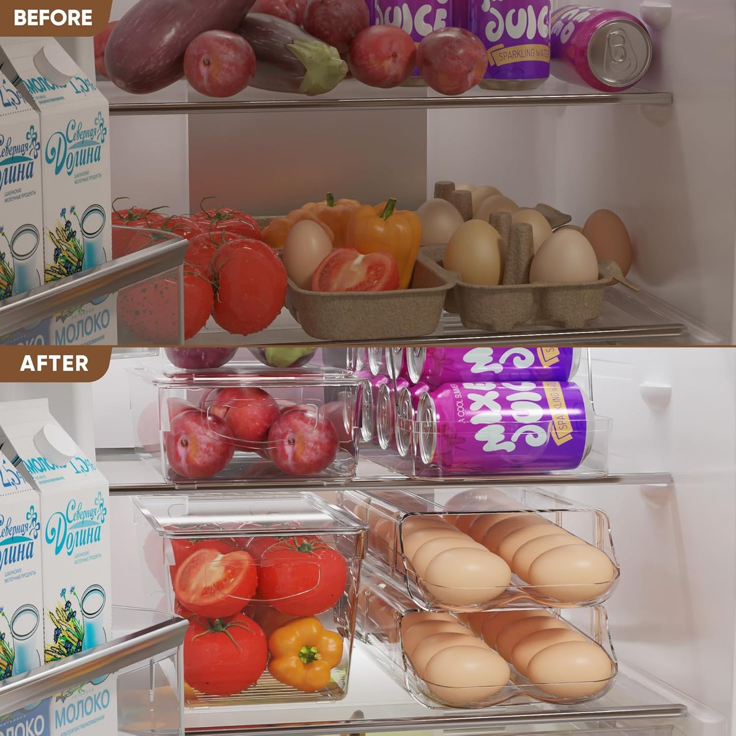 theaoo Egg Holder for Fridge, Automatic Rolling Egg Container for Refrigerator, Clear Plastic Egg Dispenser, Stackable Eggs Organizer with Quick Removable inner Tray For Organizers and Storage, 3 Pack