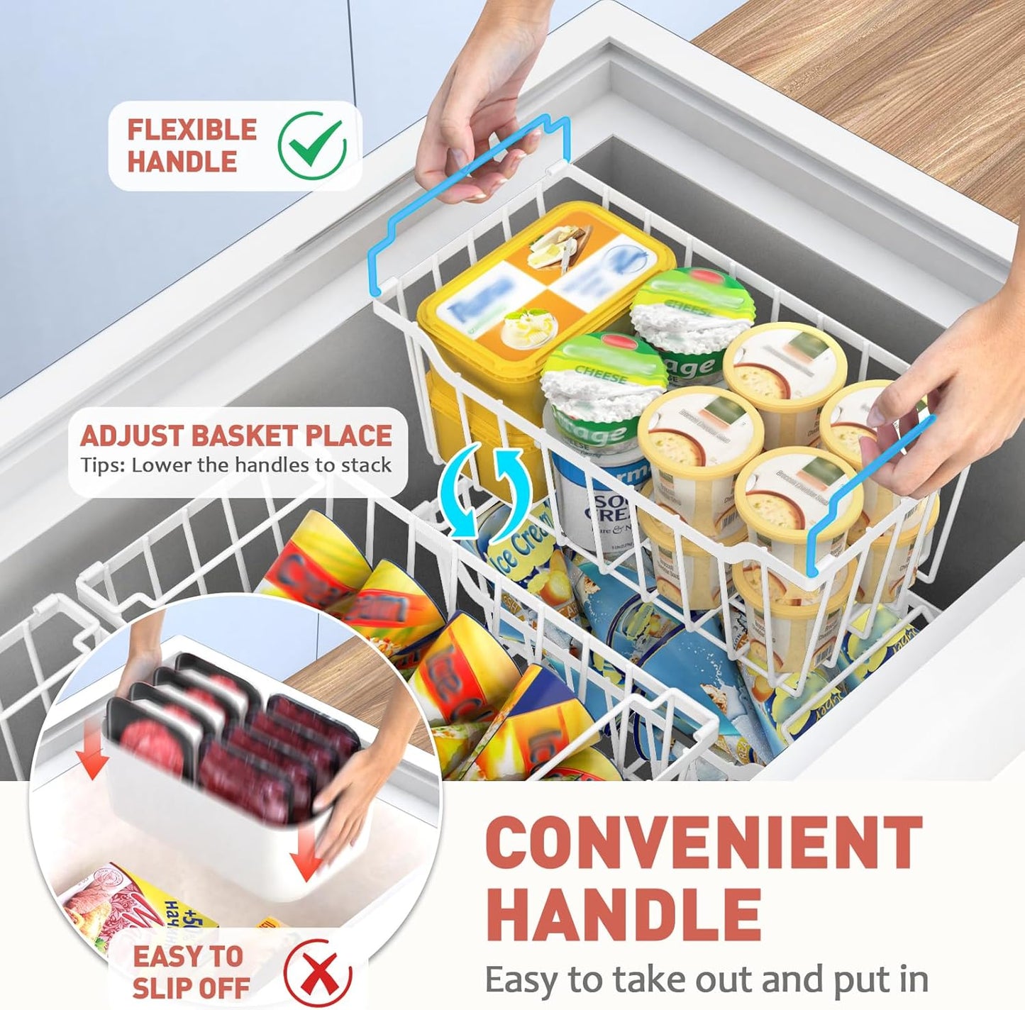 Goovilla Freezer Organizer Bins with Foldable Handle, 4 Pack Stackable Freezer Baskets for 3.5-7 Cu.FT Deep Chest Freezer Organization, White Metal Freezer Storage Bins with Better Space Utilization