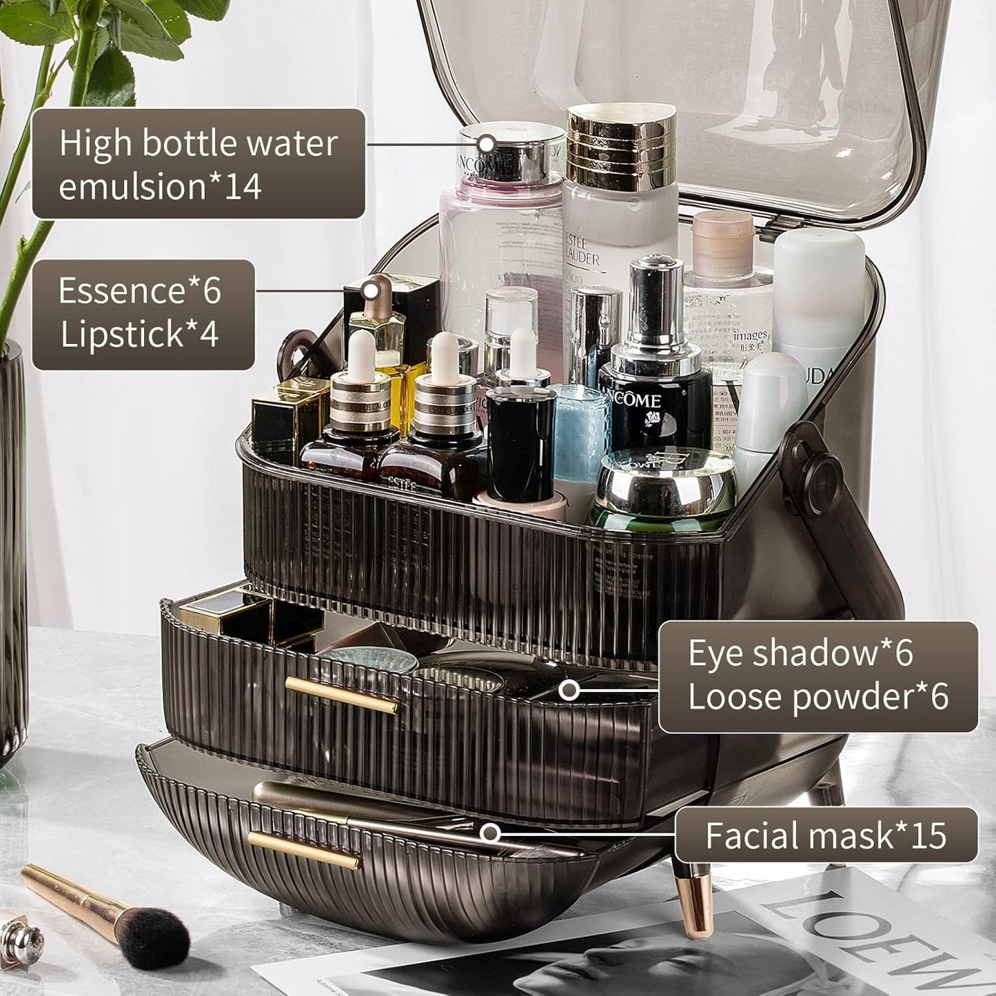 CANITORON Makeup Organizer,Large Capacity Skincare Organizer for Vanity,Cosmetic Organizer with 2 Drawers and Transparent Cover for Bedroom Countertop and Bathroom Countertop Storage.(Gray)