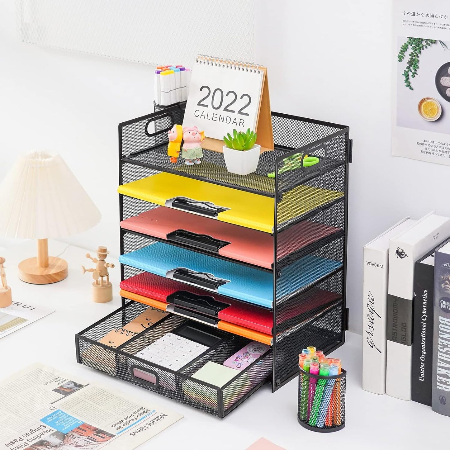 Lavatino 6-Tier Paper Organizer Letter Tray with Drawer - Mesh Desk File Paper office Supplies Sorter Organizer for Office, Home or School File Folder Holder - Black