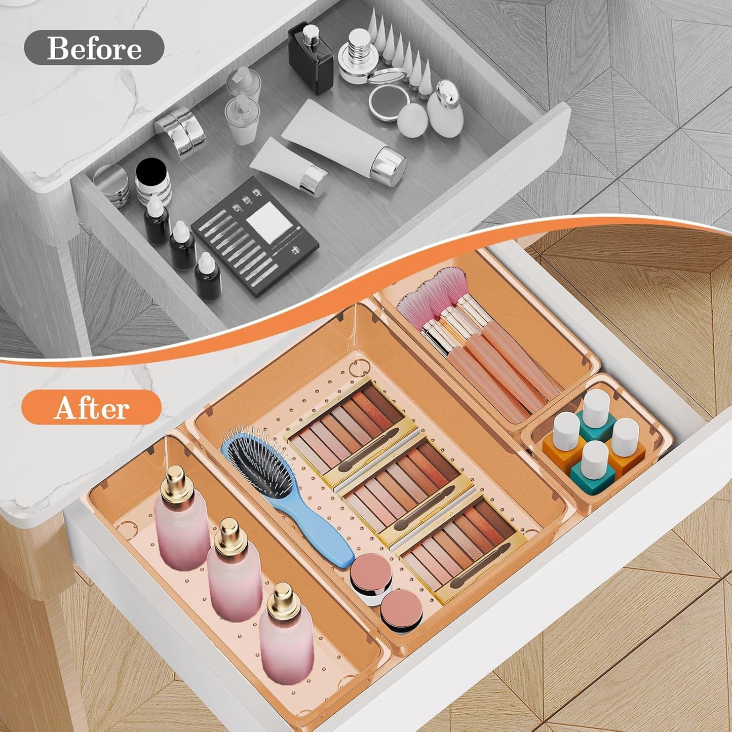 25 PCS Plastic Drawer Organizer Set, 4-Size Versatile Organizer Trays & storage Bins for Makeup, Jewelry, and Gadgets in Bathroom, Bedroom and Office,Orange