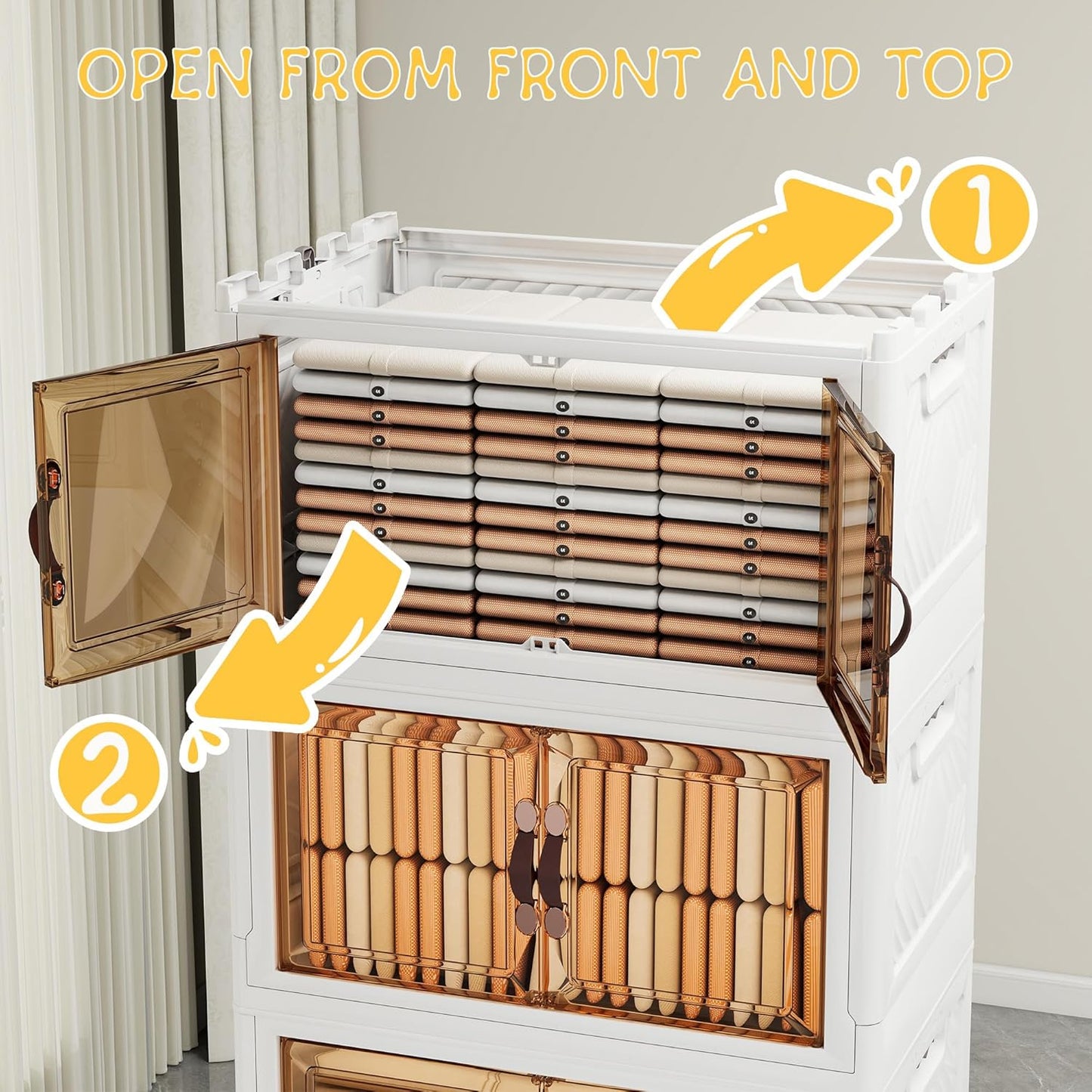 Storage Bins with 2 Lids and Wheels, Collapsible Bathroom Storage Cabinet with Clear Doors, Plastic Stackable Closet Organizers and Storage Containers White 942 QT