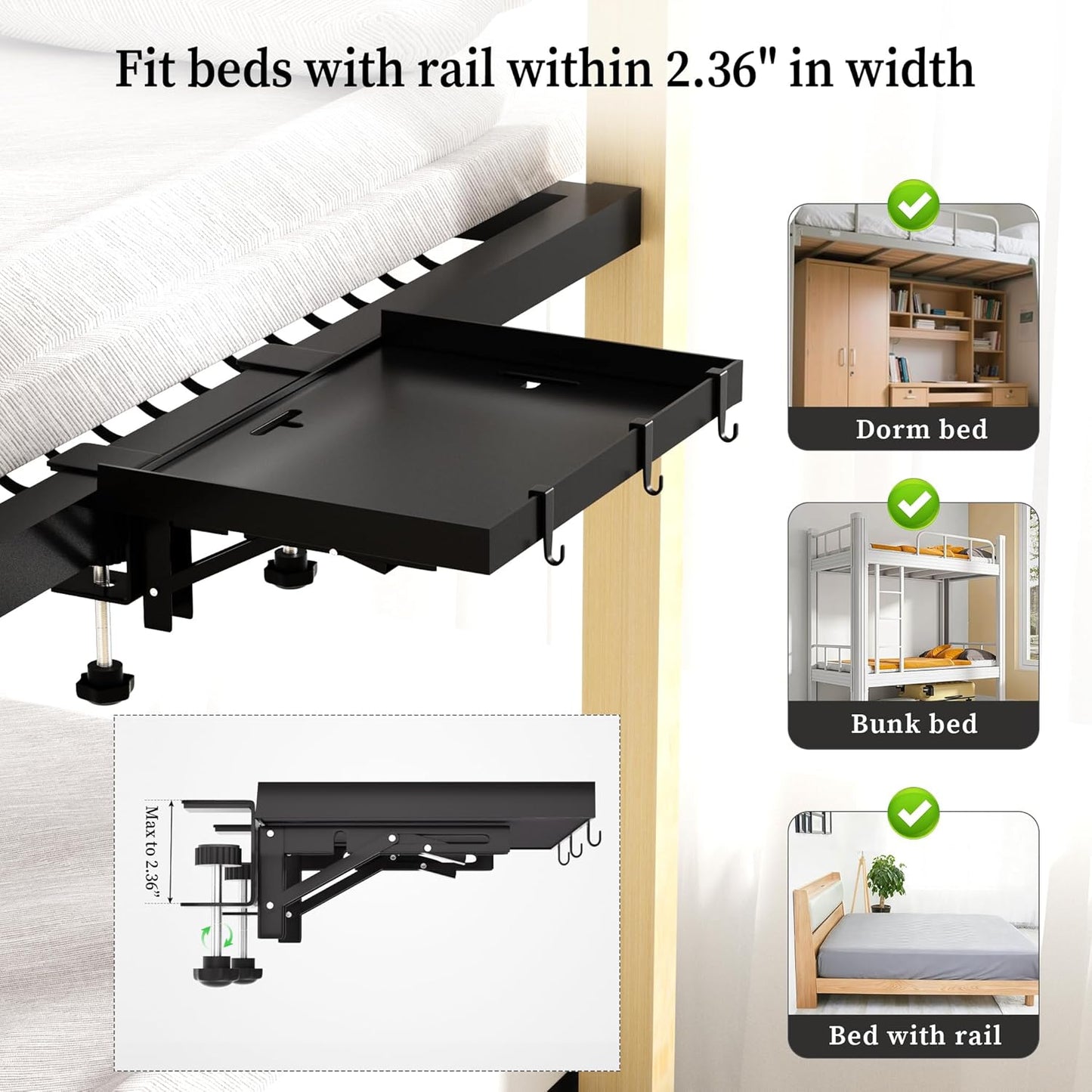 Foldable Bedside Shelf, Metal Clip-On Bed Tray Table for Bunk Bed & Dorm Beds, Dorm Room Essentials Organizer for College Students, Floating Tray, Space Saving Nightstand for Loft Beds (Black, Small)