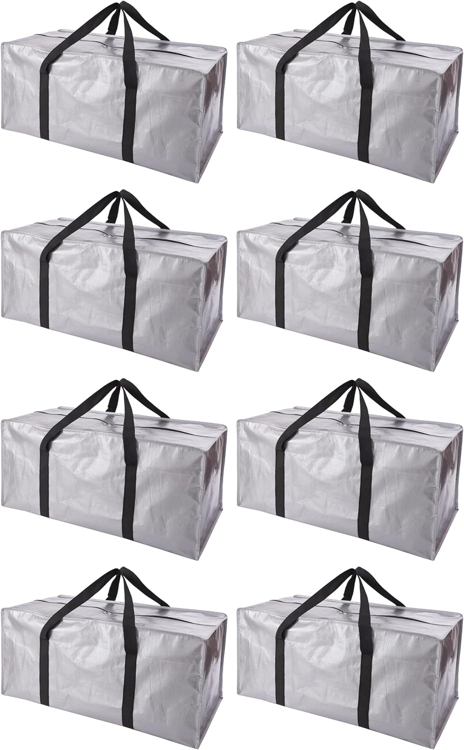 Extra Large Moving Bags with Zippers & Carrying Handles, Heavy-Duty Storage Tote for Space Saving Moving Storage, Fold Flat, Alternative to Box and Bin - 8 Pack, Silver