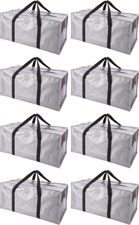 Extra Large Moving Bags with Zippers & Carrying Handles, Heavy-Duty Storage Tote for Space Saving Moving Storage, Fold Flat, Alternative to Box and Bin - 8 Pack, Silver