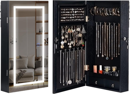 LAVIEVERT Jewelry Armoire with LED Lighted Mirror, Wall/Door Mounted Frameless Mirror with 3 Color Lights, Lockable Jewelry Cabinet Hanging Jewelry Organizer with 2 Drawers - Black