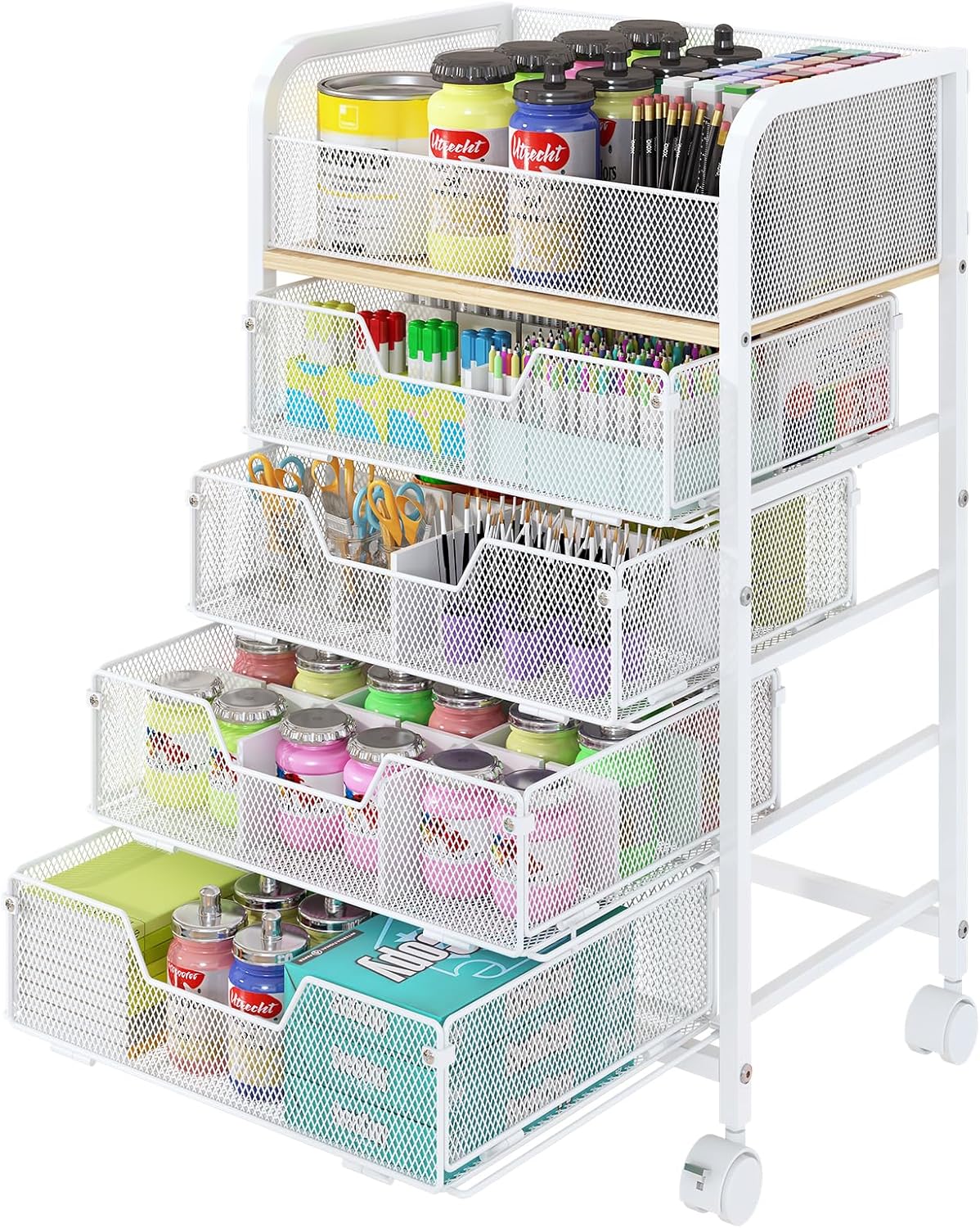 5-Tier Craft Organizer Cart with Wheels,Craft Organizers and Storage with Drawers,Lockable Wheels Rolling Utility Cart with DIY Divider,Office Supply Organizer,Ideal for Studio,Office,Bedroom,White