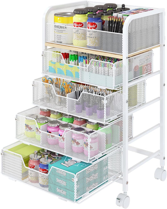 5-Tier Craft Organizer Cart with Wheels,Craft Organizers and Storage with Drawers,Lockable Wheels Rolling Utility Cart with DIY Divider,Office Supply Organizer,Ideal for Studio,Office,Bedroom,White
