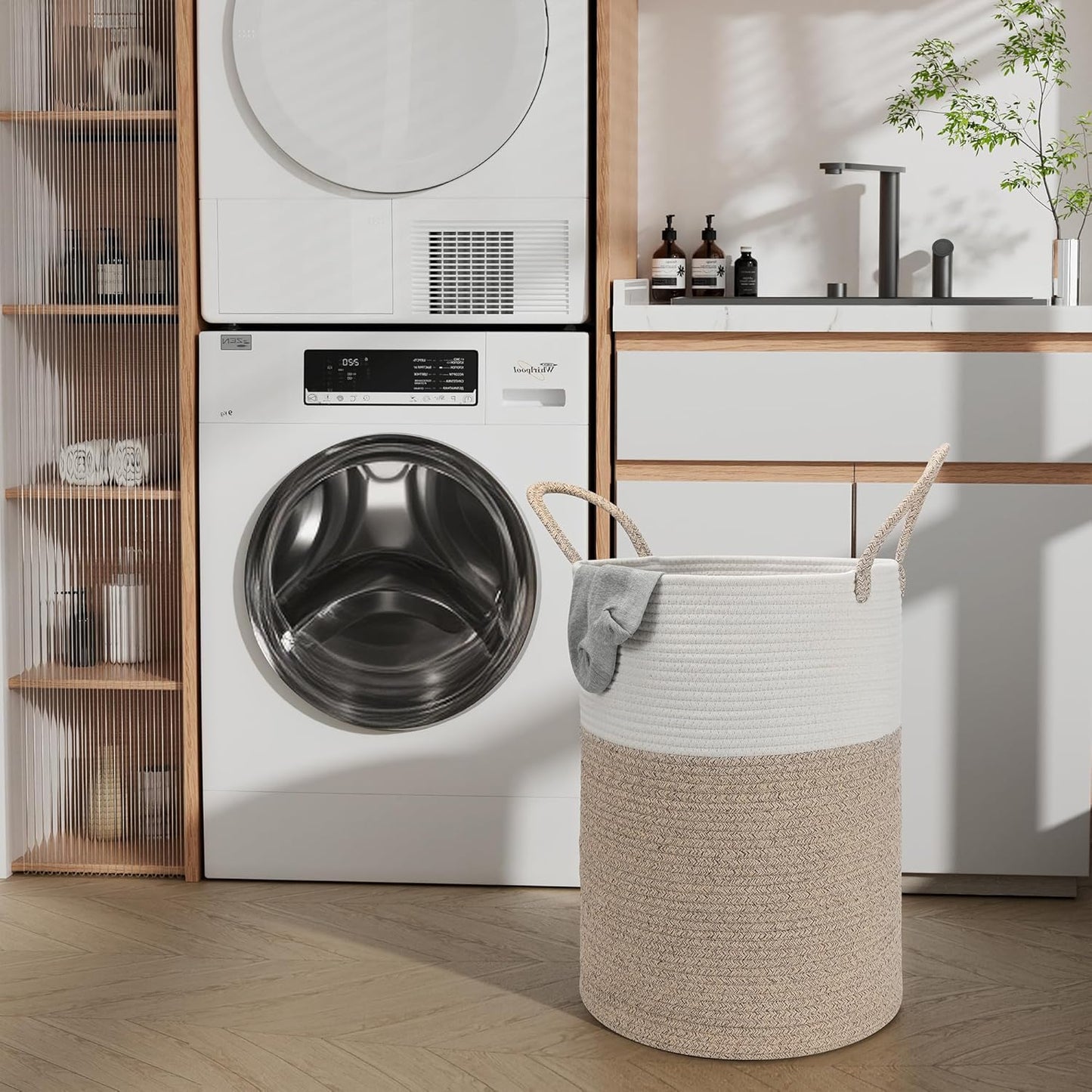 58L Cotton Rope Laundry Basket (20"x15"), Woven Storage Basket for Laundry, Living Room, Nursery, Bedroom, Blankets (White/Brow)