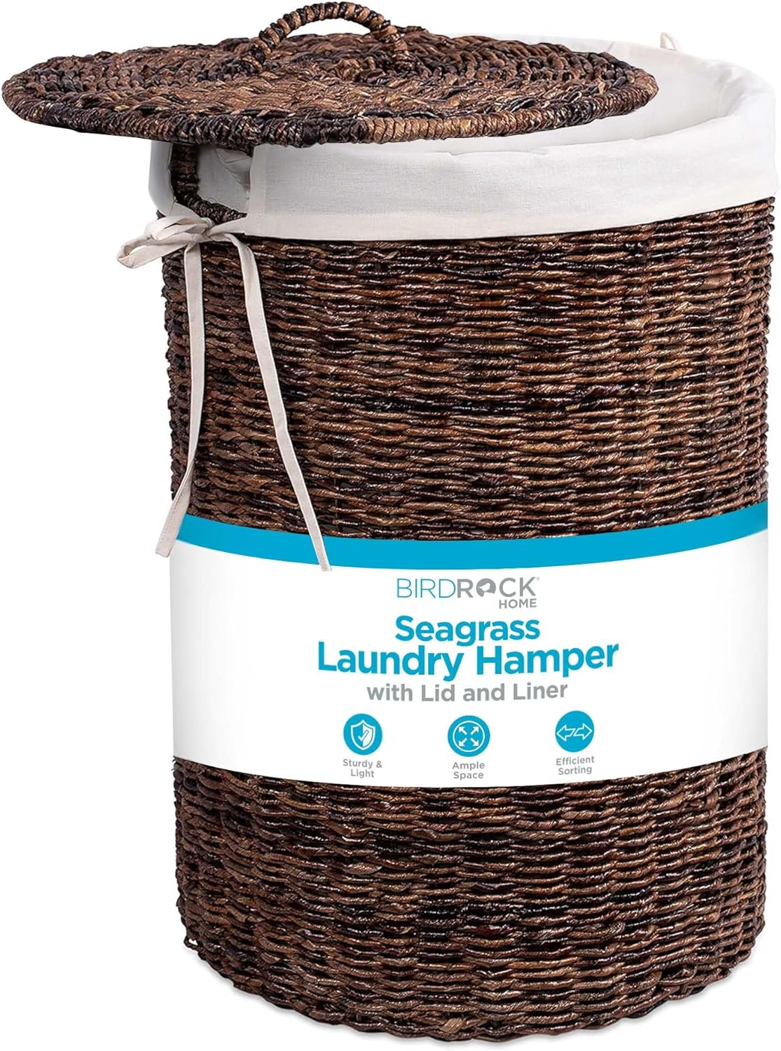 BIRDROCK HOME Seagrass Laundry Hamper with Lid & Liner - Handwoven Round Basket with Handles for Laundry/Dirty Clothes - Organizer, Storage, Shelves, Bin in Bathroom, Bedroom & Laundry Room - Espresso