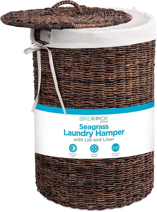 BIRDROCK HOME Seagrass Laundry Hamper with Lid & Liner - Handwoven Round Basket with Handles for Laundry/Dirty Clothes - Organizer, Storage, Shelves, Bin in Bathroom, Bedroom & Laundry Room - Espresso