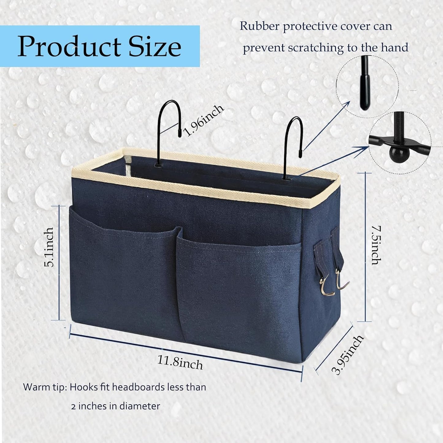 Bedside Caddy Bedside Hanging Storage Basket Multi-Function Organizer Caddy for Bunk and Hospital Beds Dorm Rooms Bed Rails, Can be Placed Glasses Books Mobile Phones（Navy Blue）