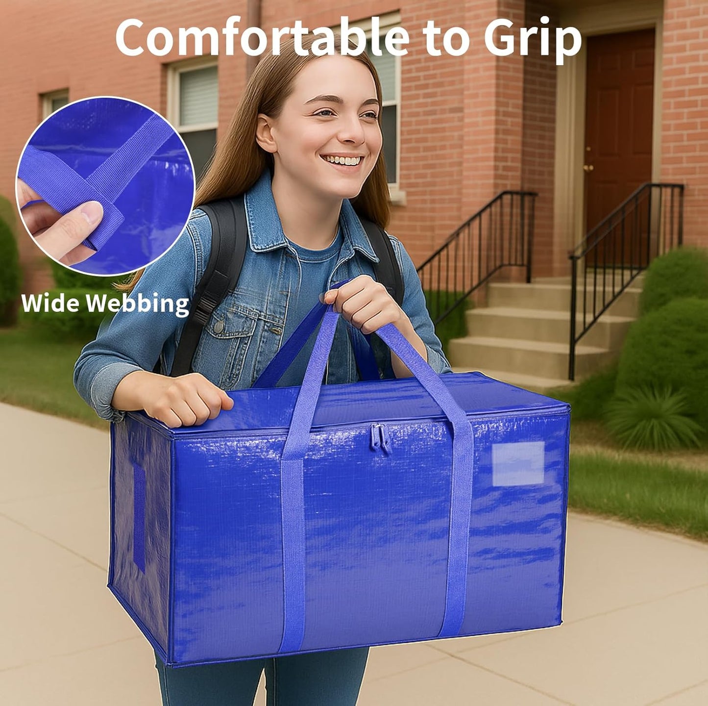 8 Pack-Extra Large Heavy Duty Moving Bags - Waterproof Storage Totes with Handles & Zippers, Foldable for College Dorm, Storage (Blue)