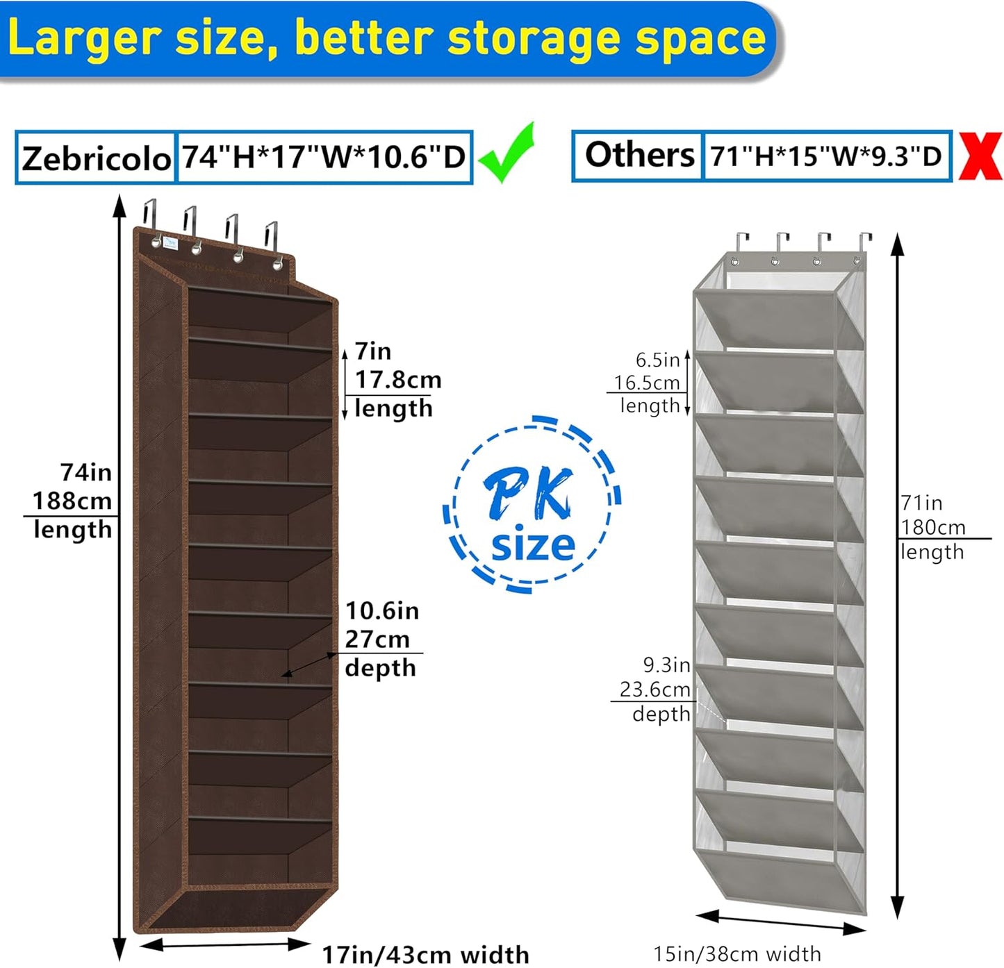 Over The Door Shoe Organizer, 70 Pounds Large Capacity, 20-30-Pair shoe organizer, Heavy Duty-Extra Deep Pockets ,Anti-Scratch Hooks & FSC-Certified Bamboo ,Engineered for Men’s Size 13 shoe,coffee