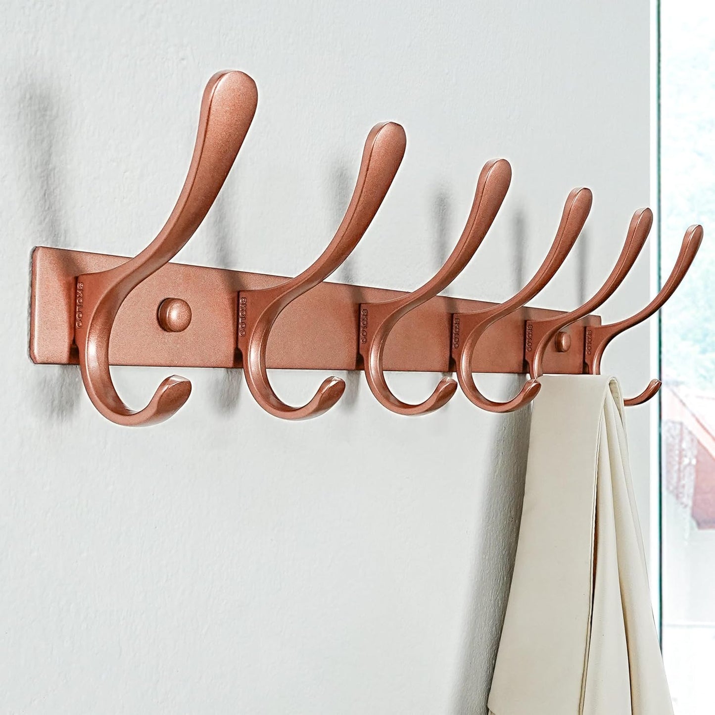 SKOLOO Coat Rack Wall Mounted - 6 Hooks, Heavy Duty, Stainless Steel, Metal Wall Hanger, Sturdy Coat Hooks for Hanging Coats, Jacket, Clothes, Hat, Matte Rose Gold