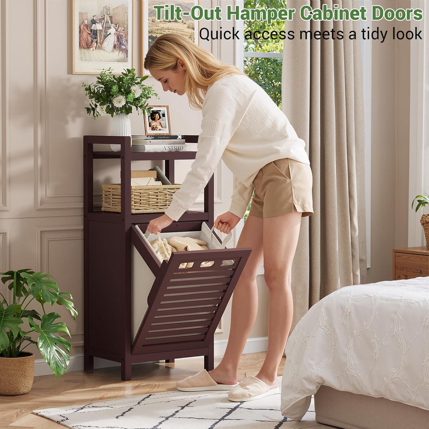 Homykic Tilt Out Laundry Hamper Cabinet, 10 Gal Bamboo Laundry Cabinet with Removable Basket, Hidden Hamper Organizer with Shelf for Dirty Clothes, Bathroom, Laundry Room, Space Saving, Espresso
