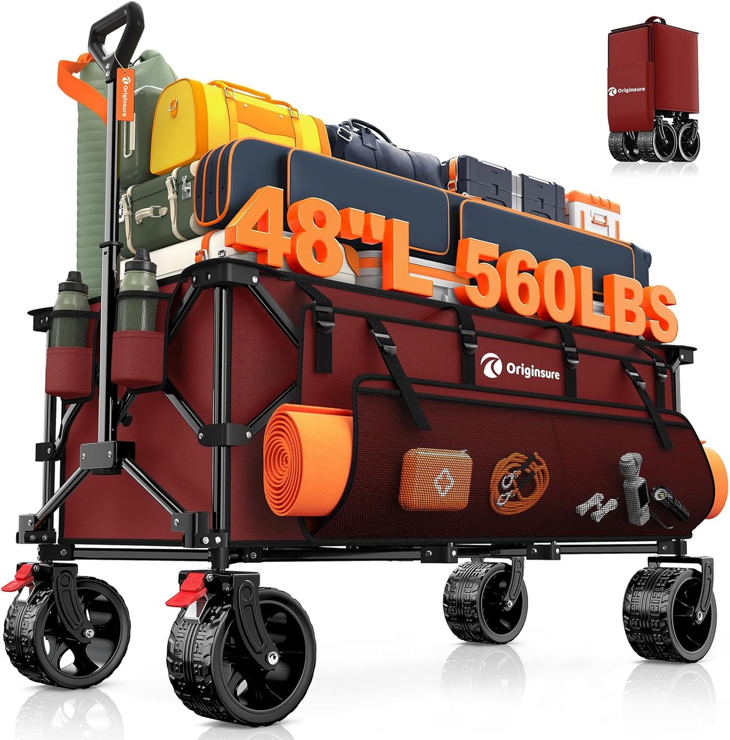 48" L Collapsible Beach Wagon Cart Foldable, 560lbs Weight Capacity 300L Heavy Duty Folding Wagons with Big All-Terrain Wheels, Utility Carts for Groceries, Shopping, Camping, Sports - Red