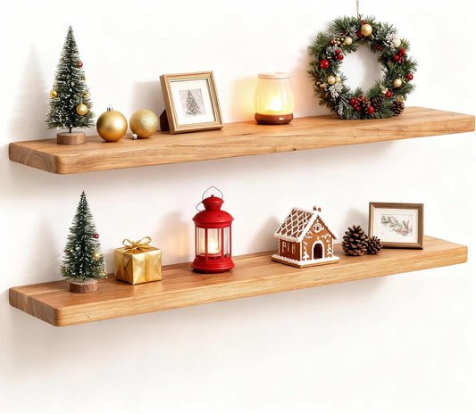 Fun Memories Rustic Elm Wood Floating Shelves, 30 Inch Wall Shelf Set of 2, Wooden Bathroom Shelves with Heavy-Duty Bracket, Storage & Display Shelf for Kitchen, Bedroom, Living Room