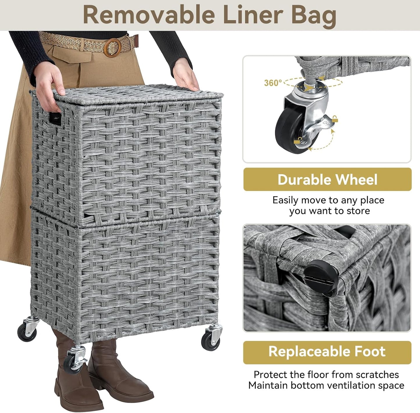 Chrislley 90L Slim Laundry Hamper with Wheels, Rolling Laundry Basket with Lid and Renovable Liner Bag, Handwoven Rattan Organizer for bedroom, bathroom, laundry room (Grey)