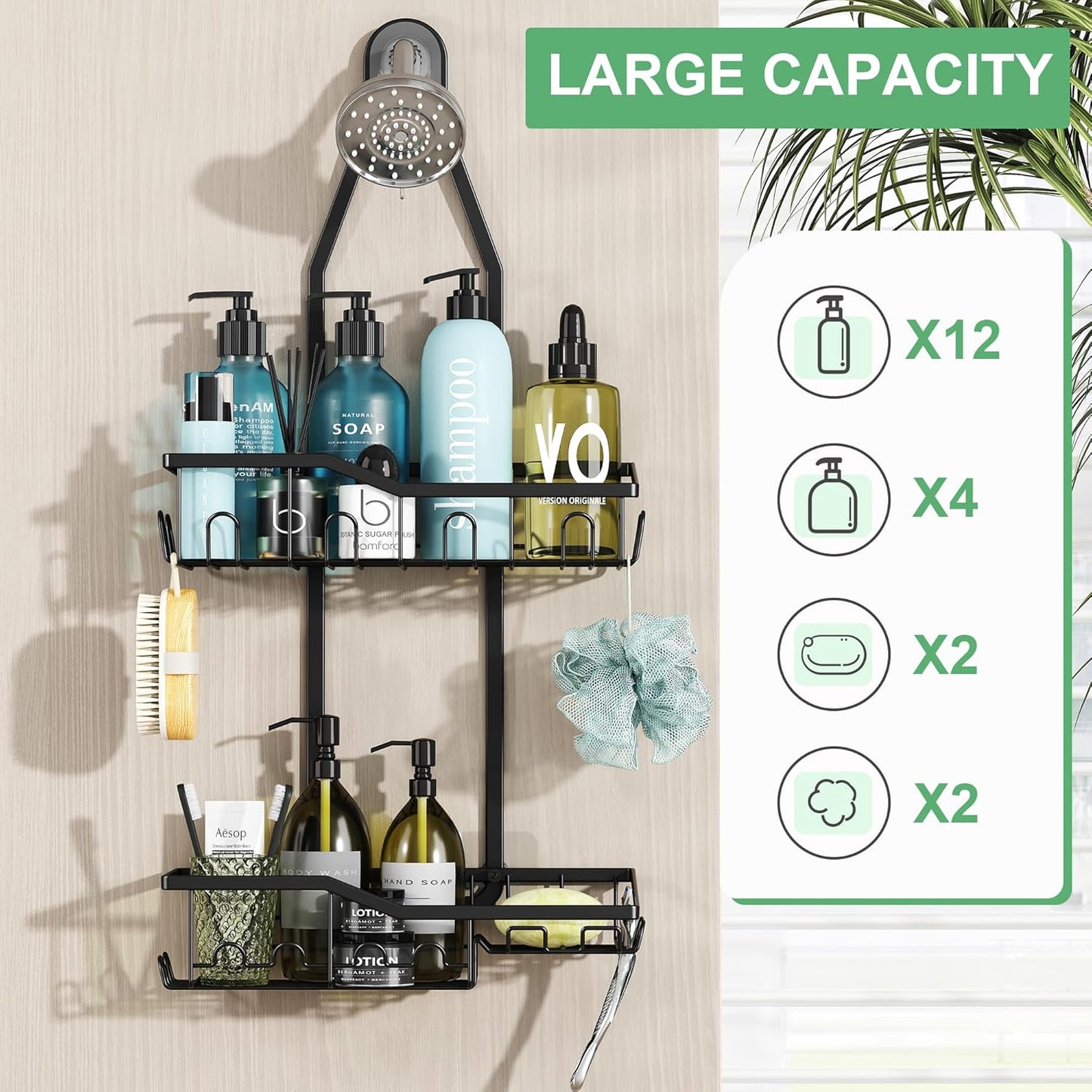 Shower Caddy Hanging,Rustproof Anti-Swing Shower Organizer,Hanging Bathroom Caddy,Bathroom Organizer with 18 Hooks for Razor/Sponge