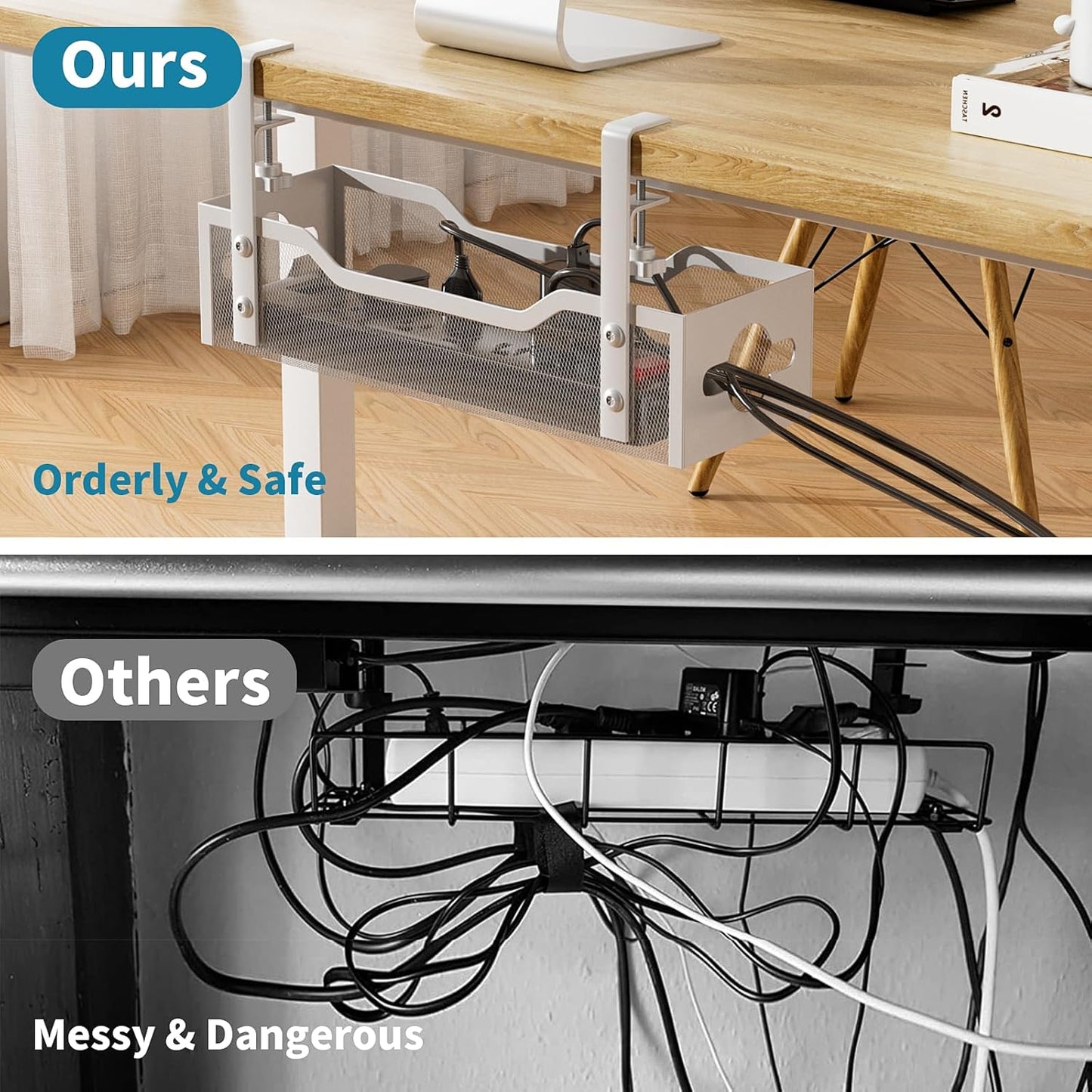 Under Desk Cable Management Tray No Drill, 13.38'' Metal Tray with Clamp for Wire Management, Litwaro Cord Organizer Home Office Damage to Standing Desk, White