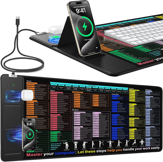 Mouse Pad with Excel Shortcut Keys, Desk Pad with Wireless Charger & Phone Stand, XXL Large Cheat Sheet Mousepad | PC Office Spreadsheet Keyboard Mat | Non-Slip Stitched Edge for Home Office Work