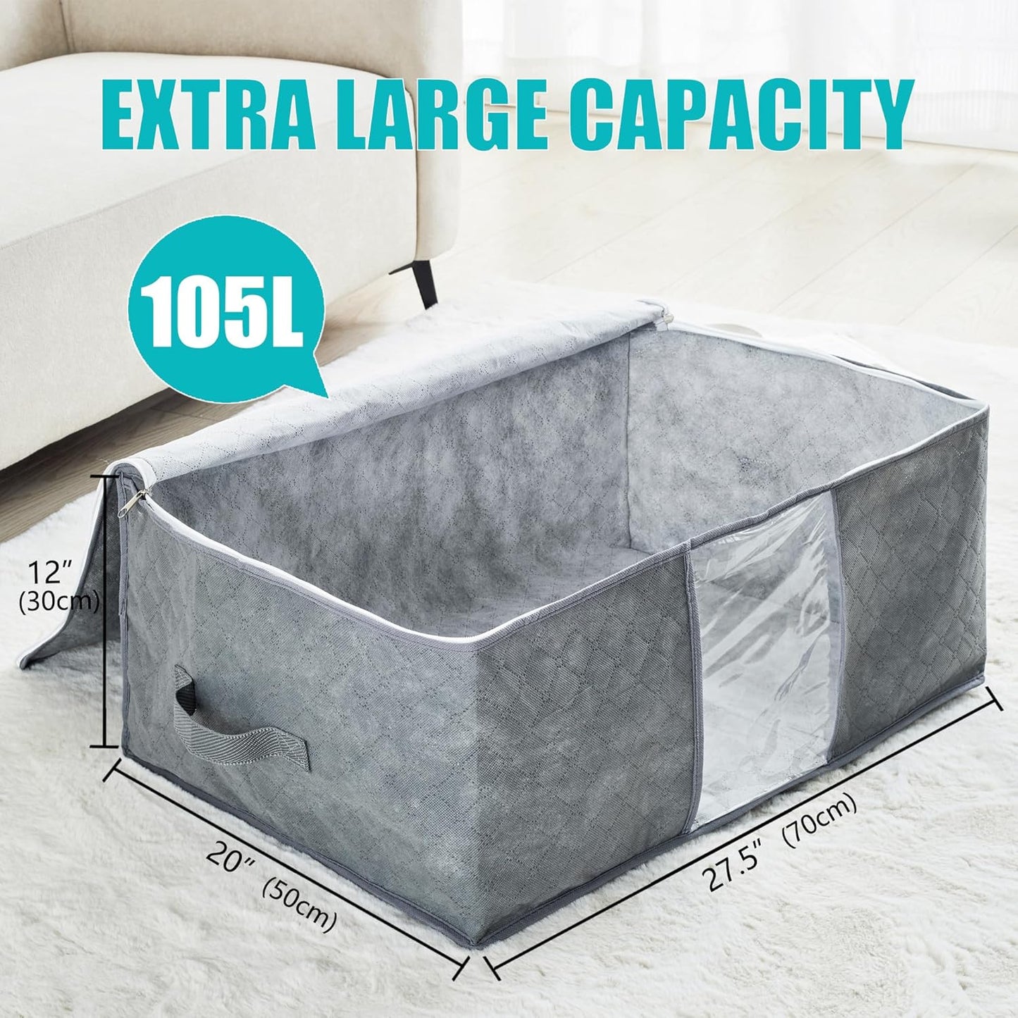 105L Extra Large Storage Bags for Blankets, King Comforters, Bedding, Clothes, Pillows, Sheets - Closet Organizers and Storage with 4 Handles & Clear Window, Foldable & Breathable (Grey, 2pack)
