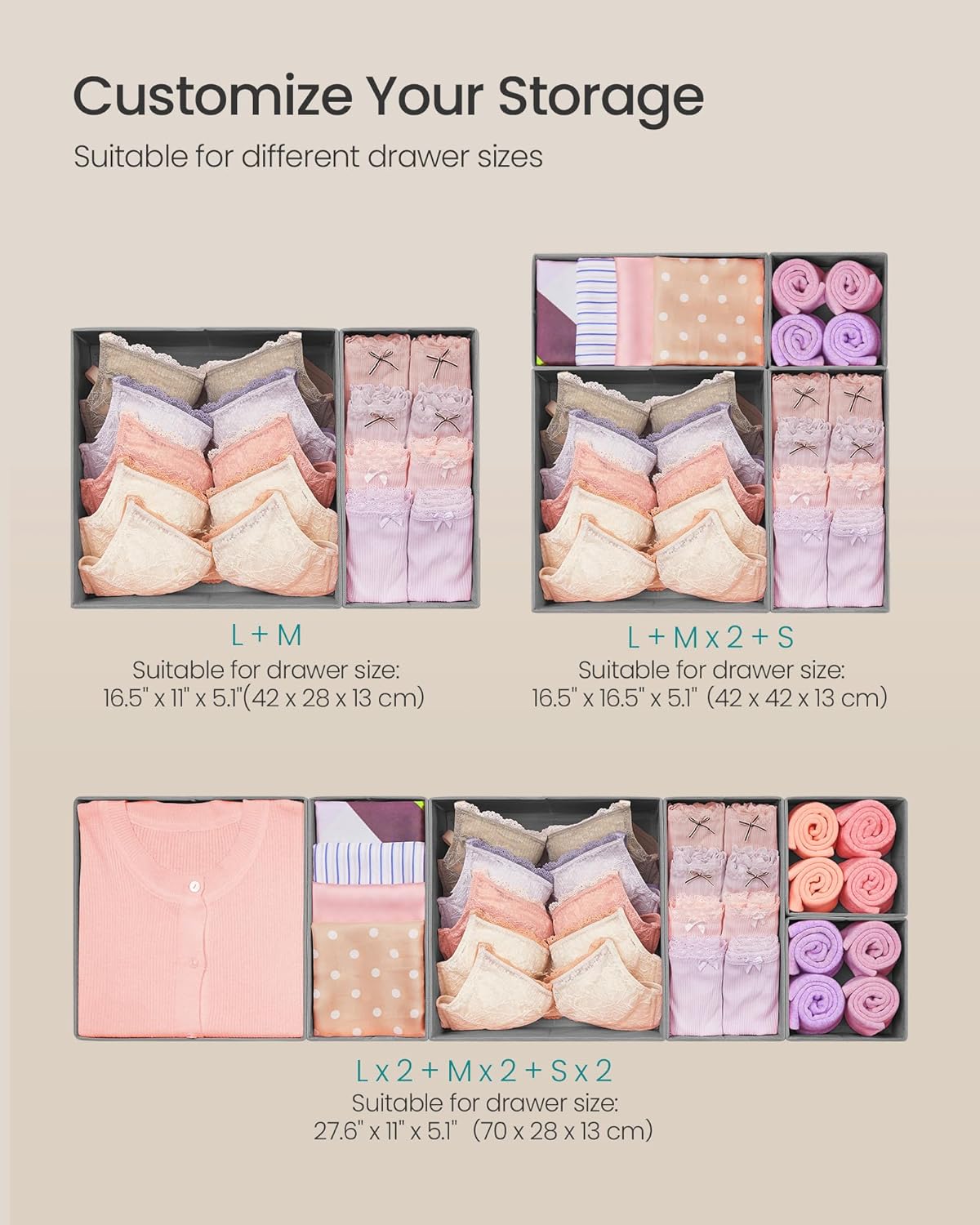 SONGMICS Drawer Organizers, Dresser Divider Organizers, Set of 18, Foldable Fabric Storage Boxes for Socks, Underwear, Bras, Ties, Scarves, Dove Gray URDZ006G05