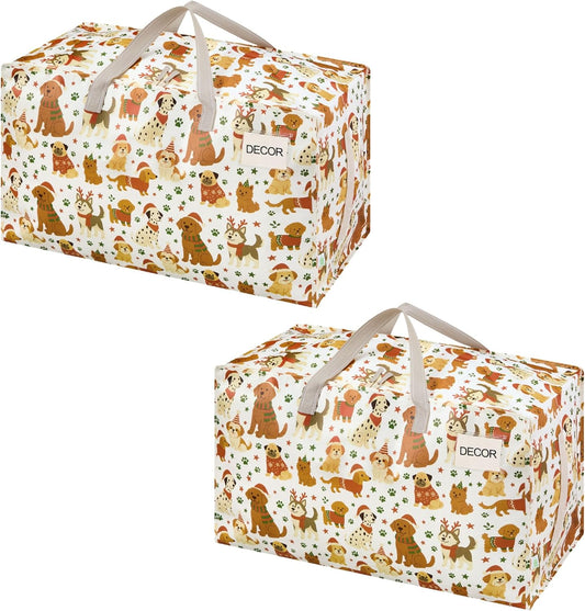 VENO 2 Pack Moving Bags and Large Christmas Decoration Storage Bins with lids. Alternative to Moving Boxes, Packing Supplies for College. Heavy Duty Totes (Holiday Pups, 2 Pack)