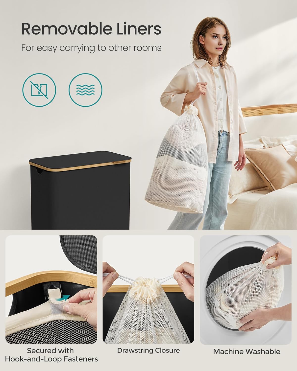 SONGMICS Laundry Hamper with Lid, 2-Section Large Laundry Basket, 34.3-gallon (130L), Removable Mesh Liner, Bamboo Handles, Collapsible, 20.5 x 15.2 x 27.8 Inches, Ink Black ULCB513B01