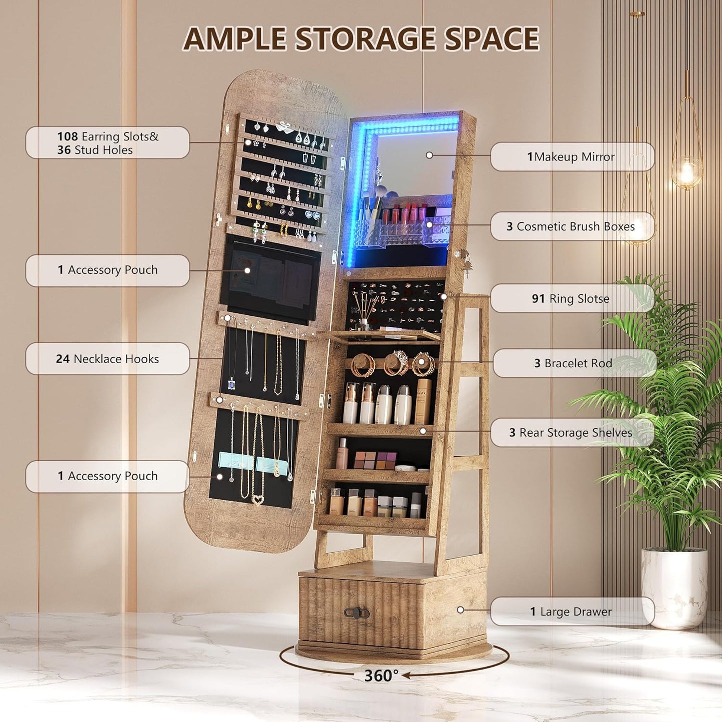 360°Swivel jewelry organizer with Full Length Mirror with Lights,Jewelry Armoires Cabinet Standing with Drawer,Large Mirror Storage for Jewelry and Makeup（Wood）
