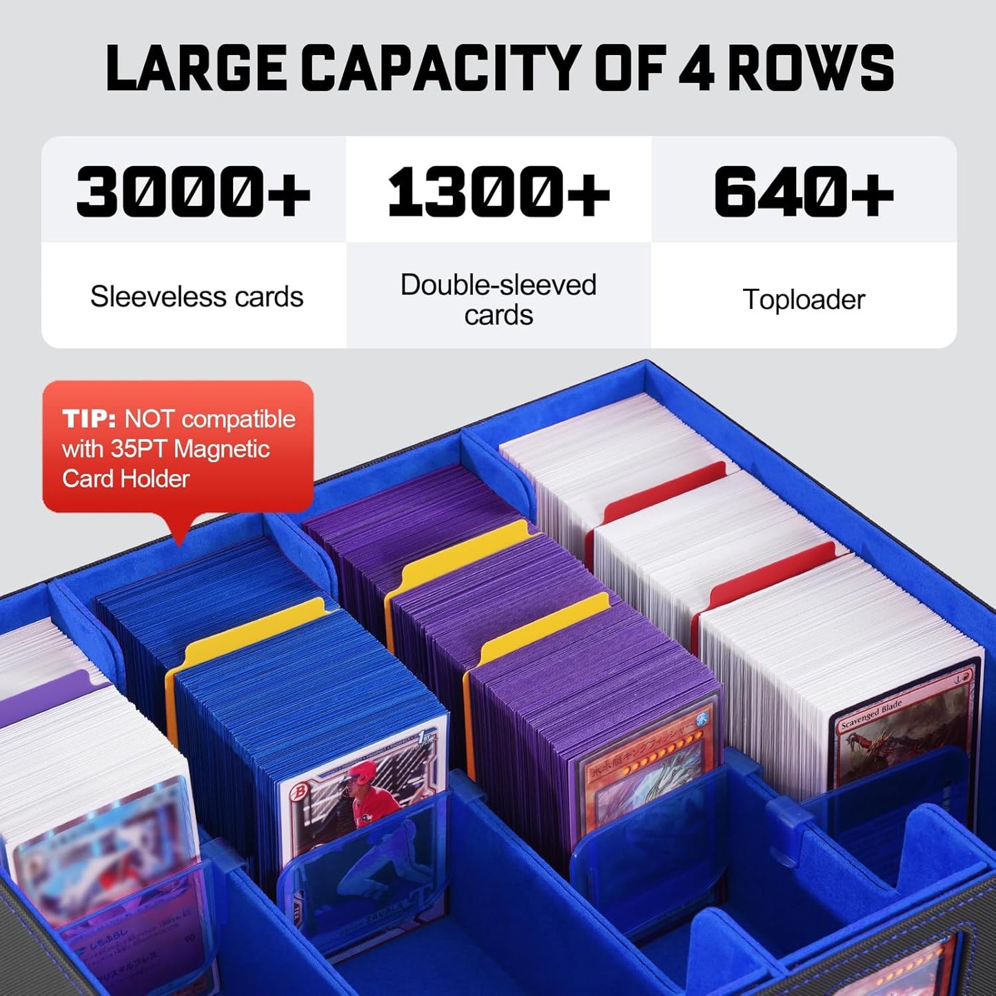 ZLCA MTG Storage Box 4-Row with Handle, MTG Deck Box Holds 3000+ Trading Cards with Portable Handle Dice Tray, Commander Storage Card Case for Top Loaders TCG PTCG Sport Card(Black&Blue)